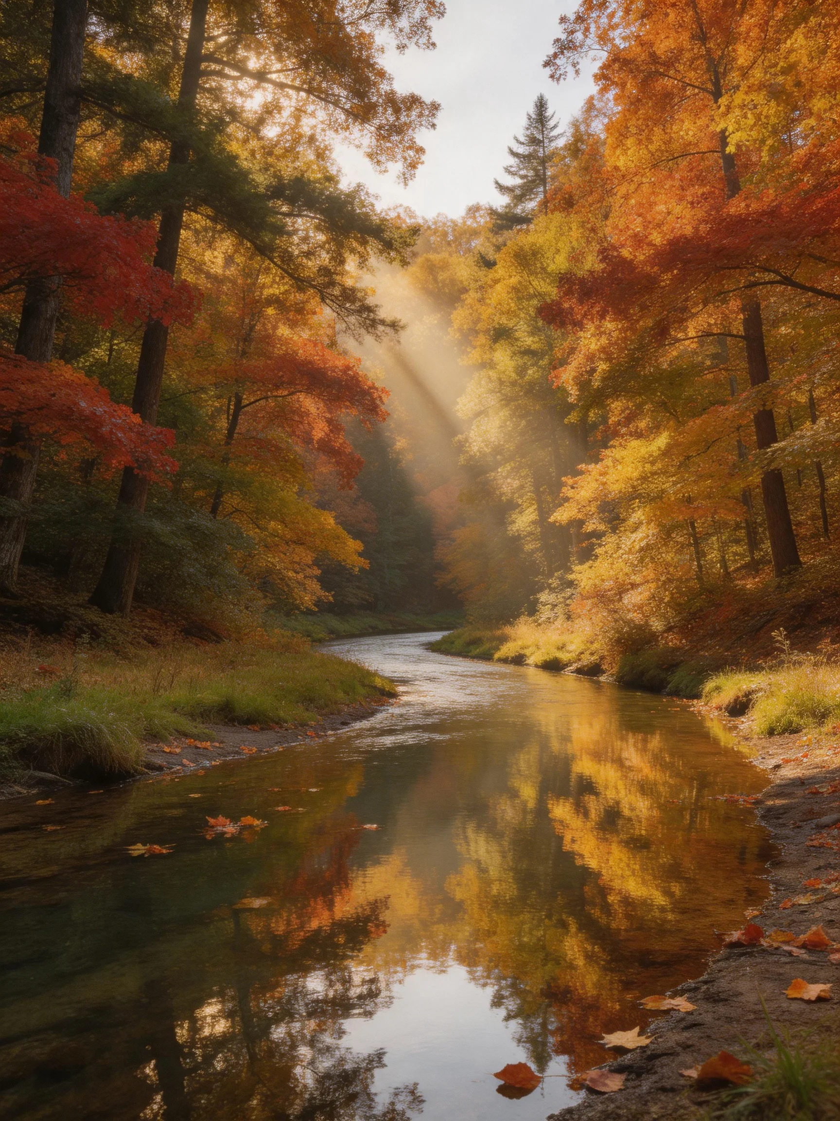 A winding river flows through colorful autumn woods illuminated by golden sunlight
