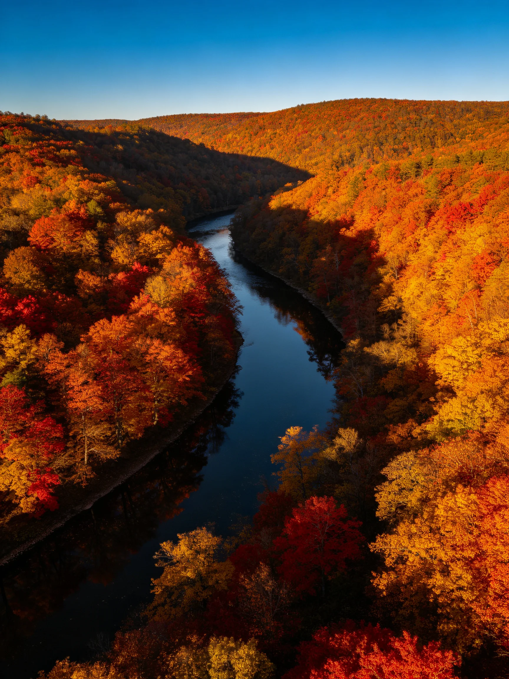 A winding river flows through dense autumn forests with vibrant red, orange, and yellow foliage