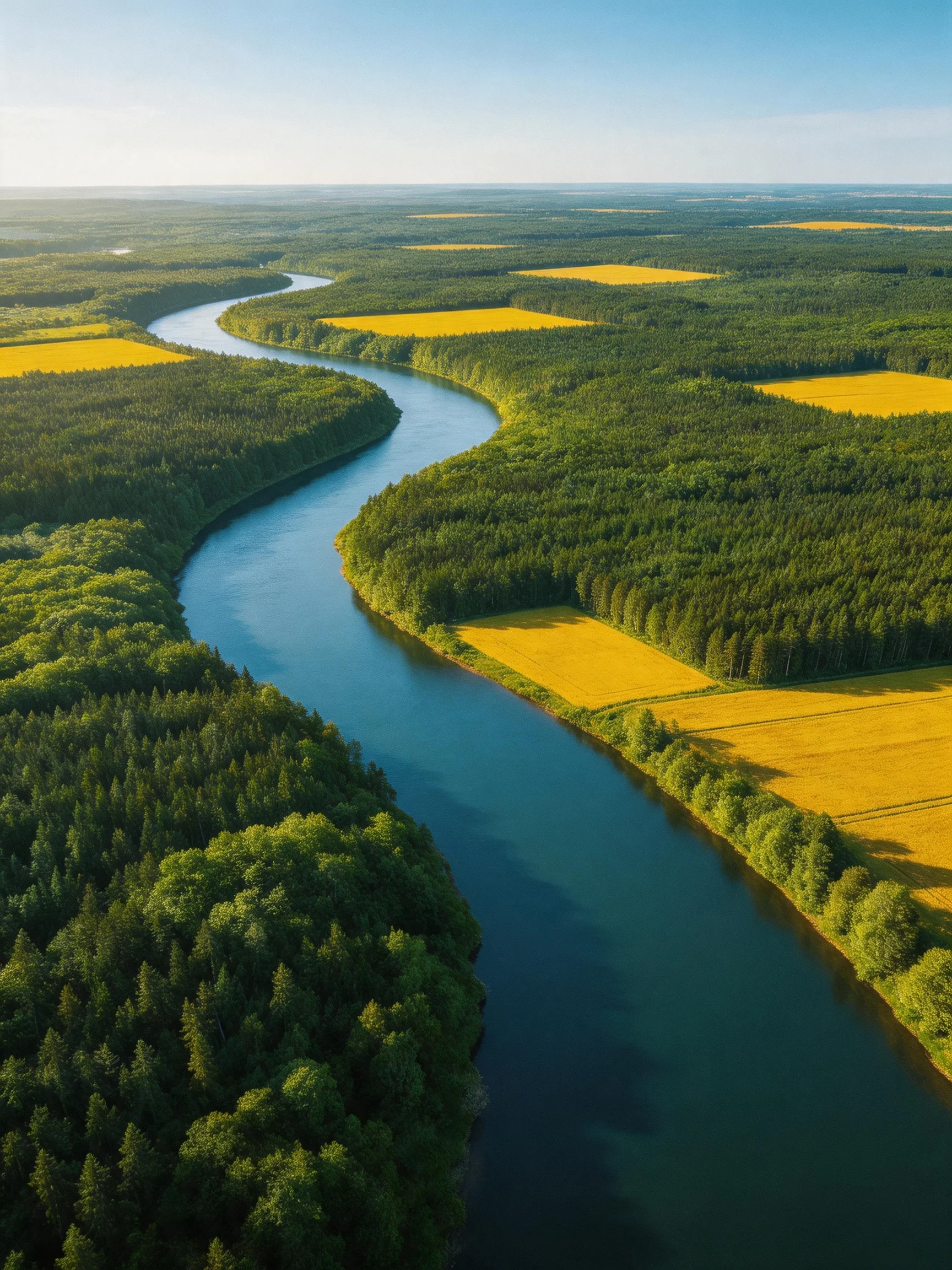 A winding river flows through dense green forests and golden fields