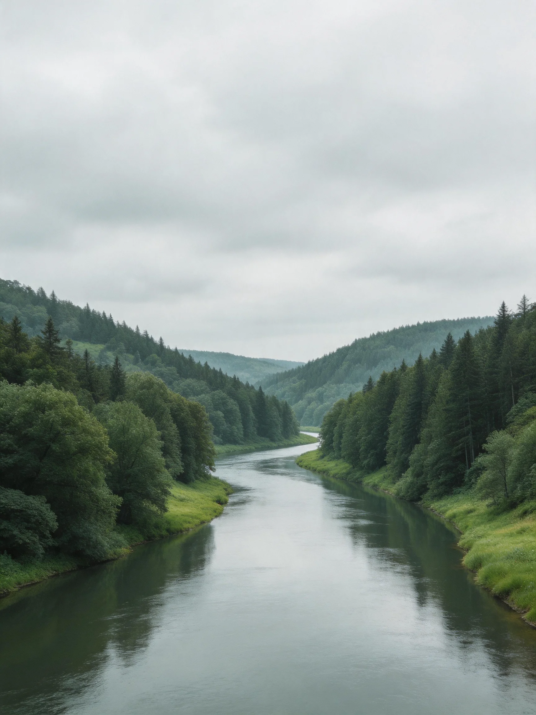 A winding river flows through dense green forests under an overcast sky