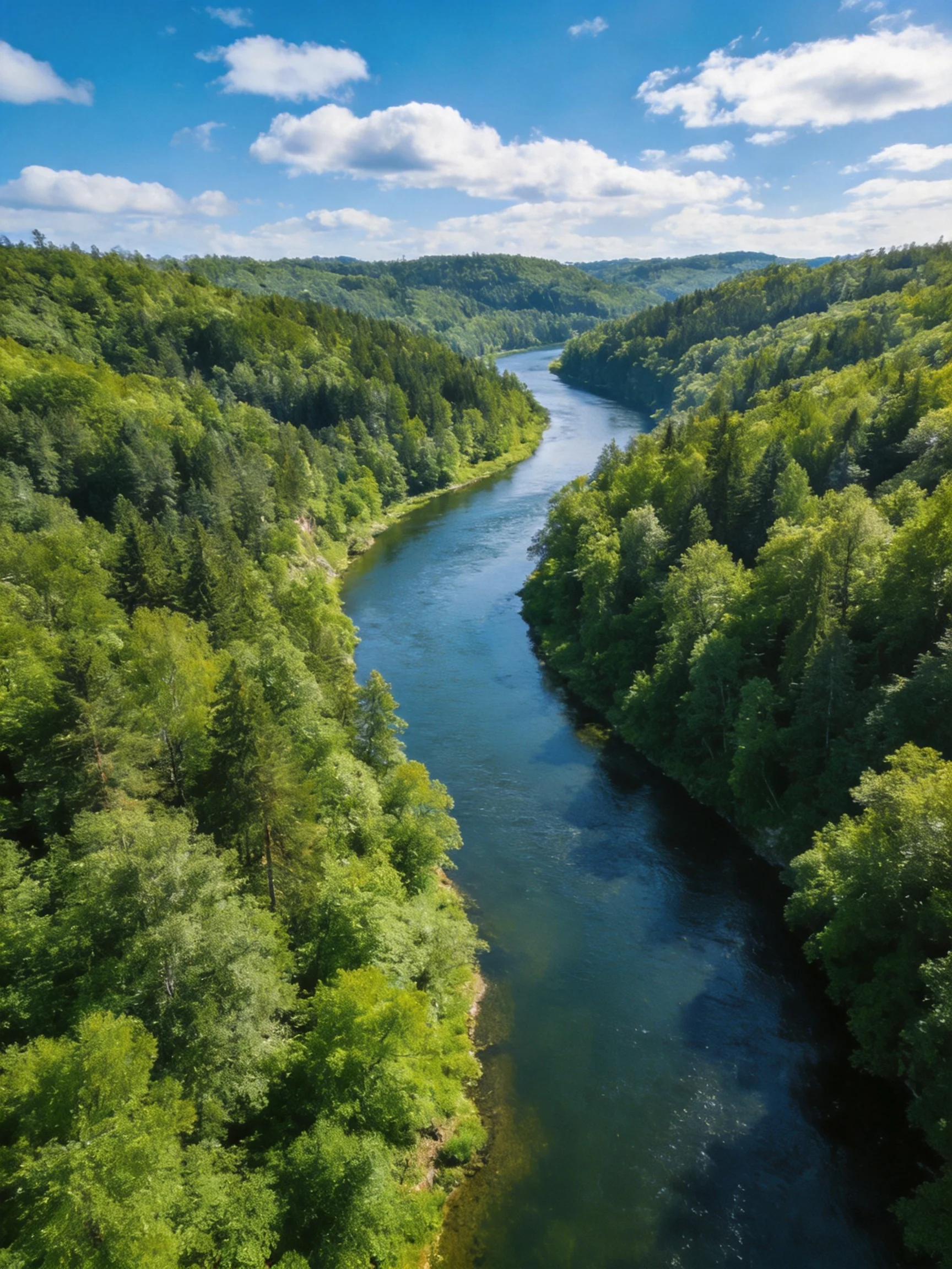 A winding river flows through dense green forests under bright blue skies