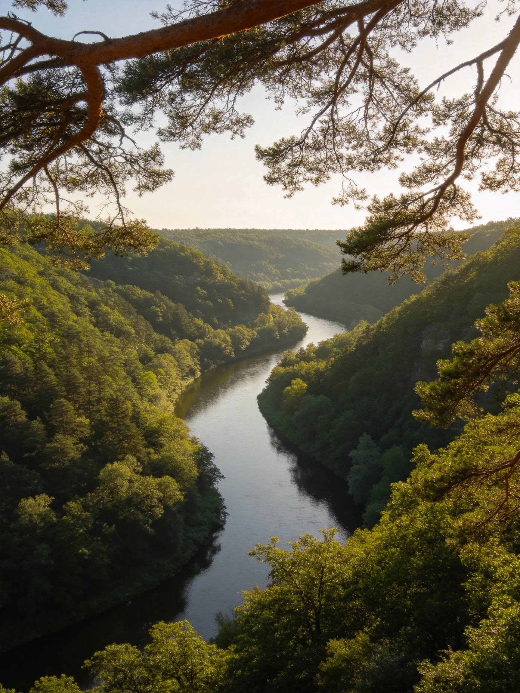 A winding river flows through dense green forests under tree branches