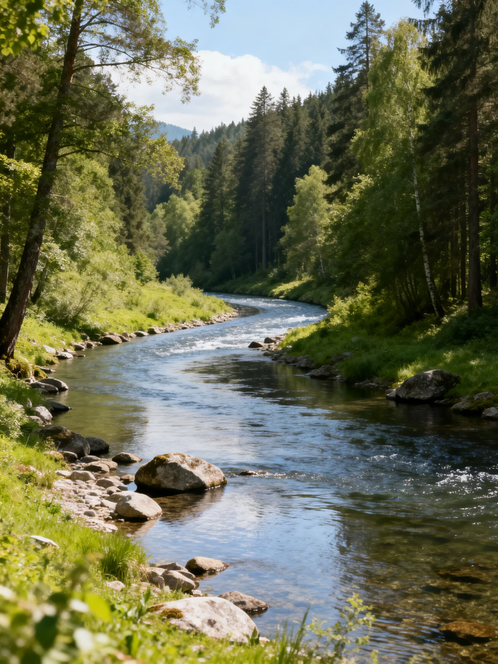 A winding river flows through dense green forests with scattered rocks
