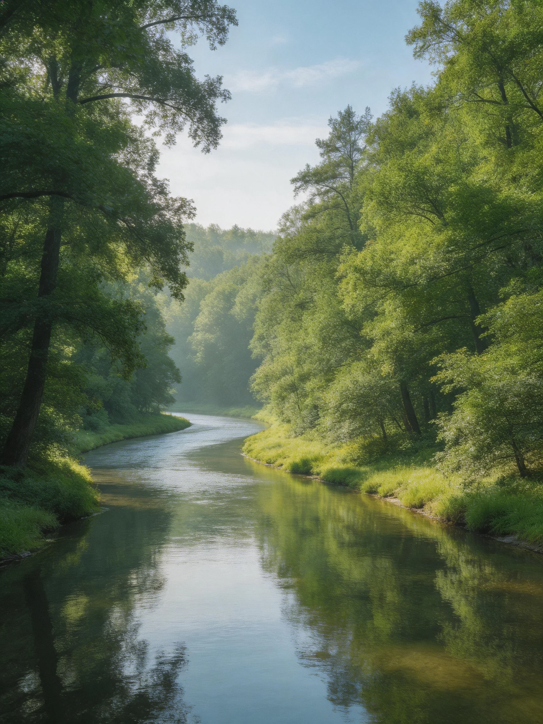 A winding river flows through dense, verdant forest landscapes