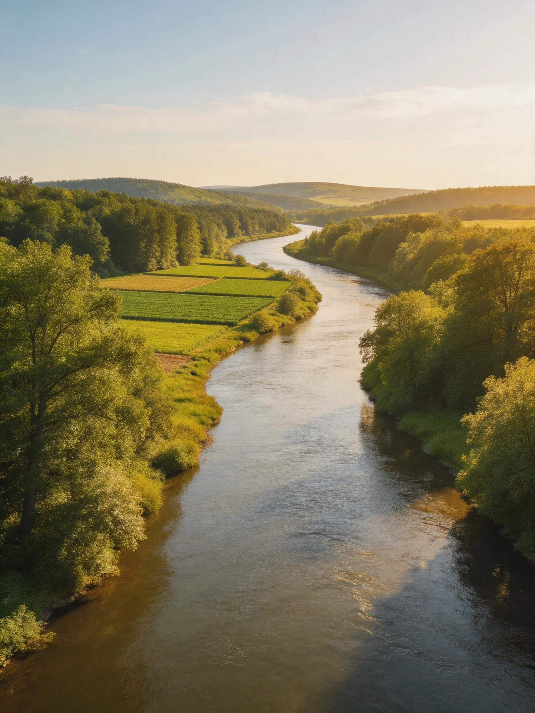 A winding river flows through lush forests and golden fields