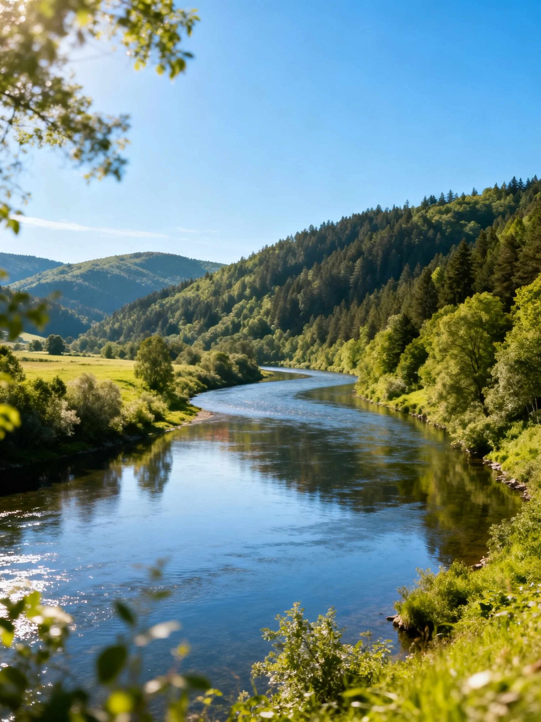 A winding river flows through lush forests and rolling hills