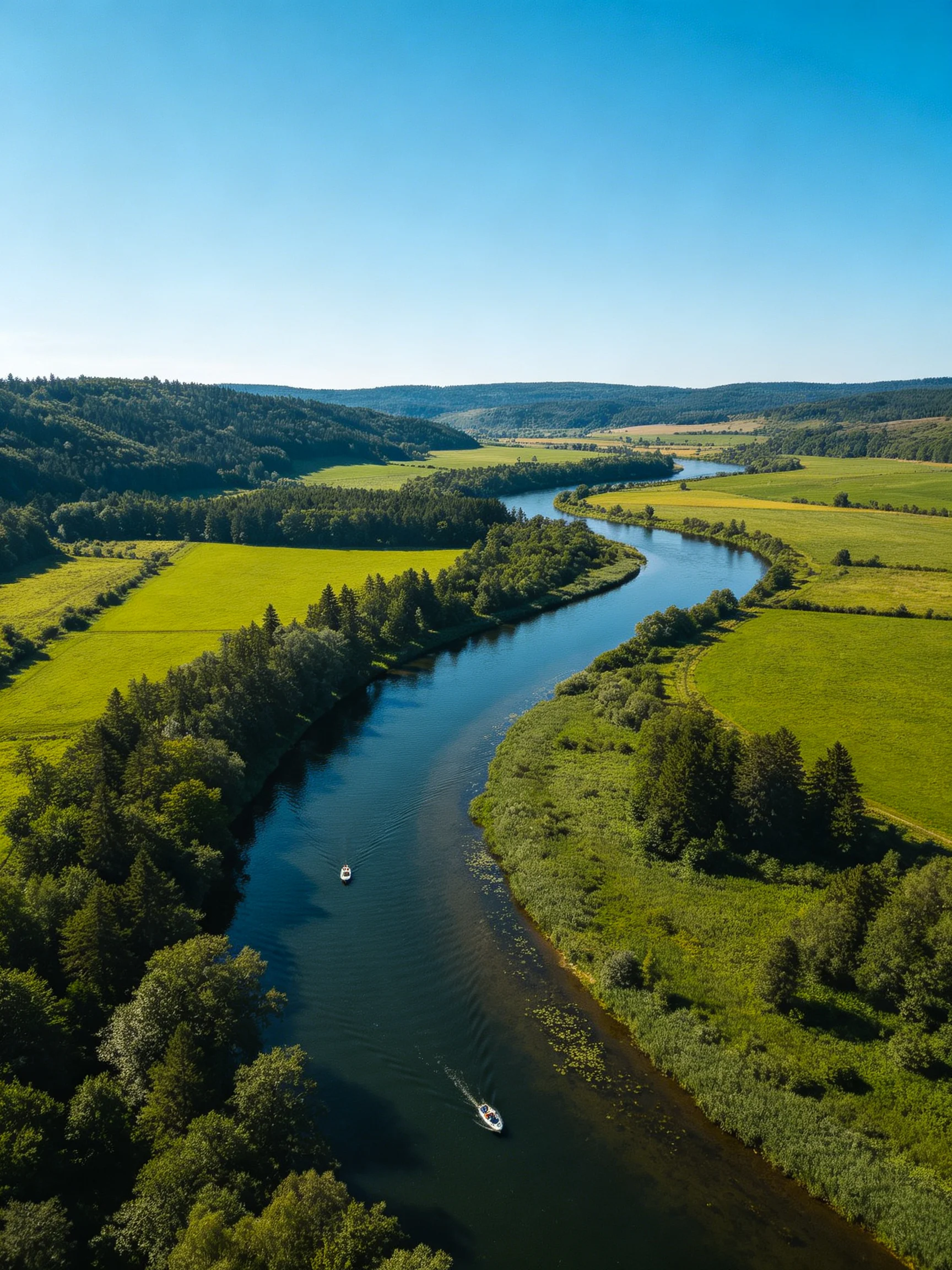 A winding river flows through lush green fields under a clear blue sky