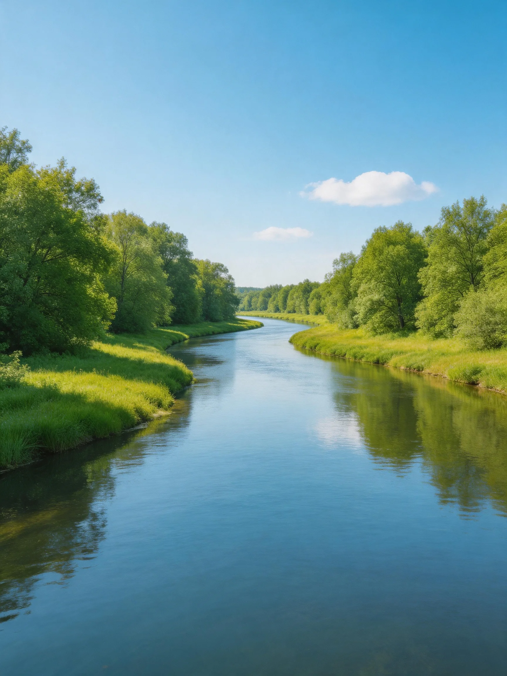 A winding river flows through lush green forests under a clear blue sky