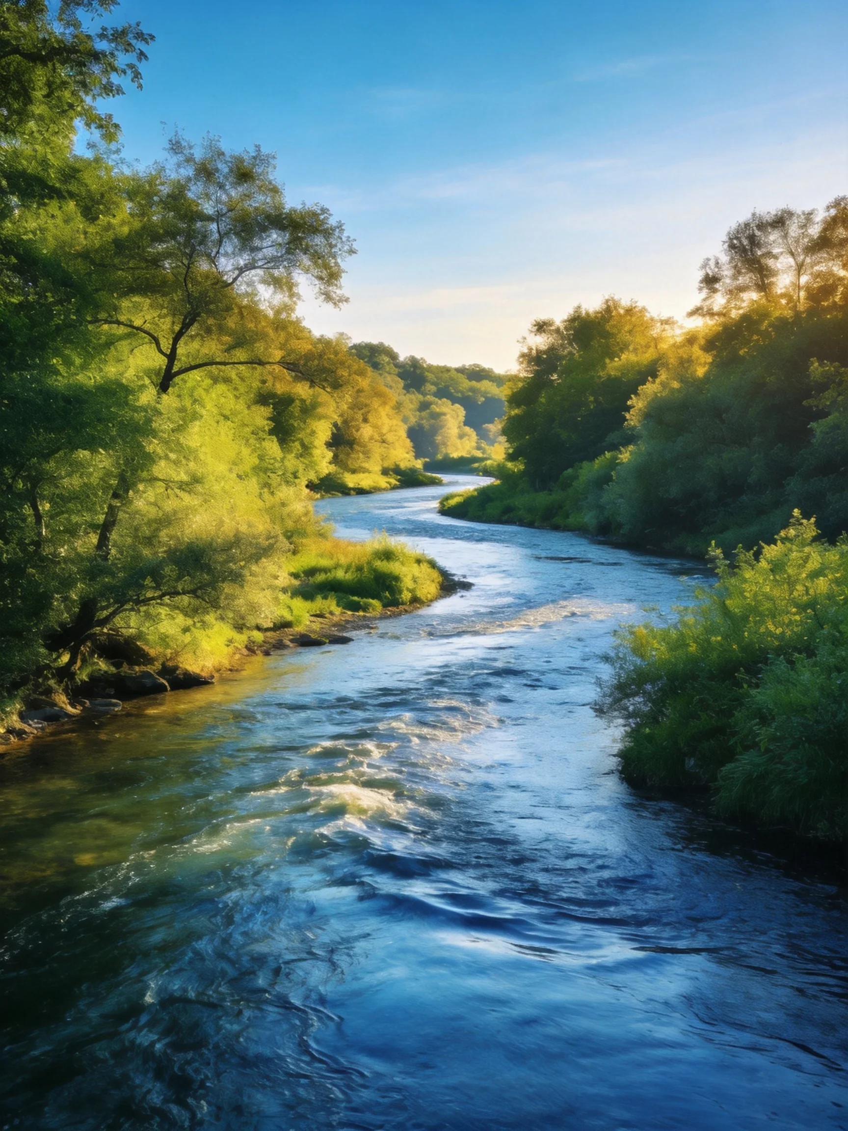 A winding river flows through lush green forests under bright blue skies