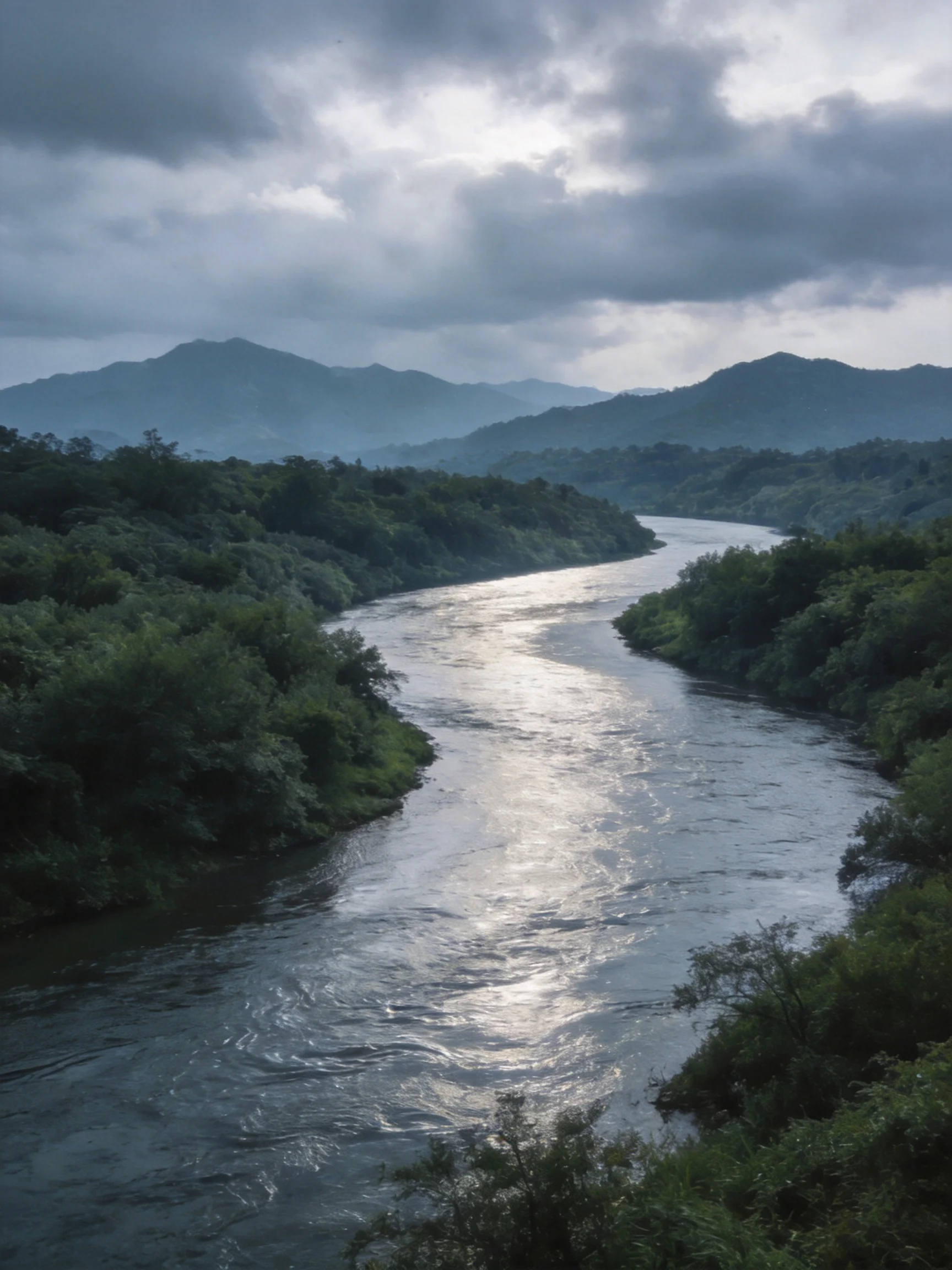 A winding river flows through lush green forests under moodyclouds