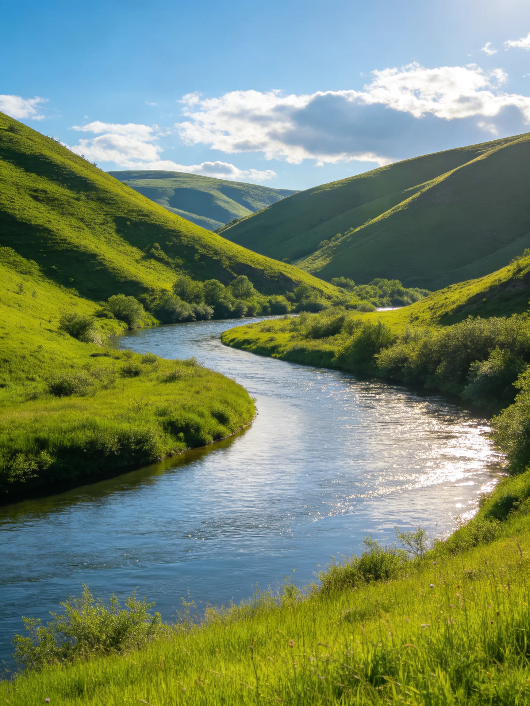 A winding river flows through lush green hills under bright blue skies