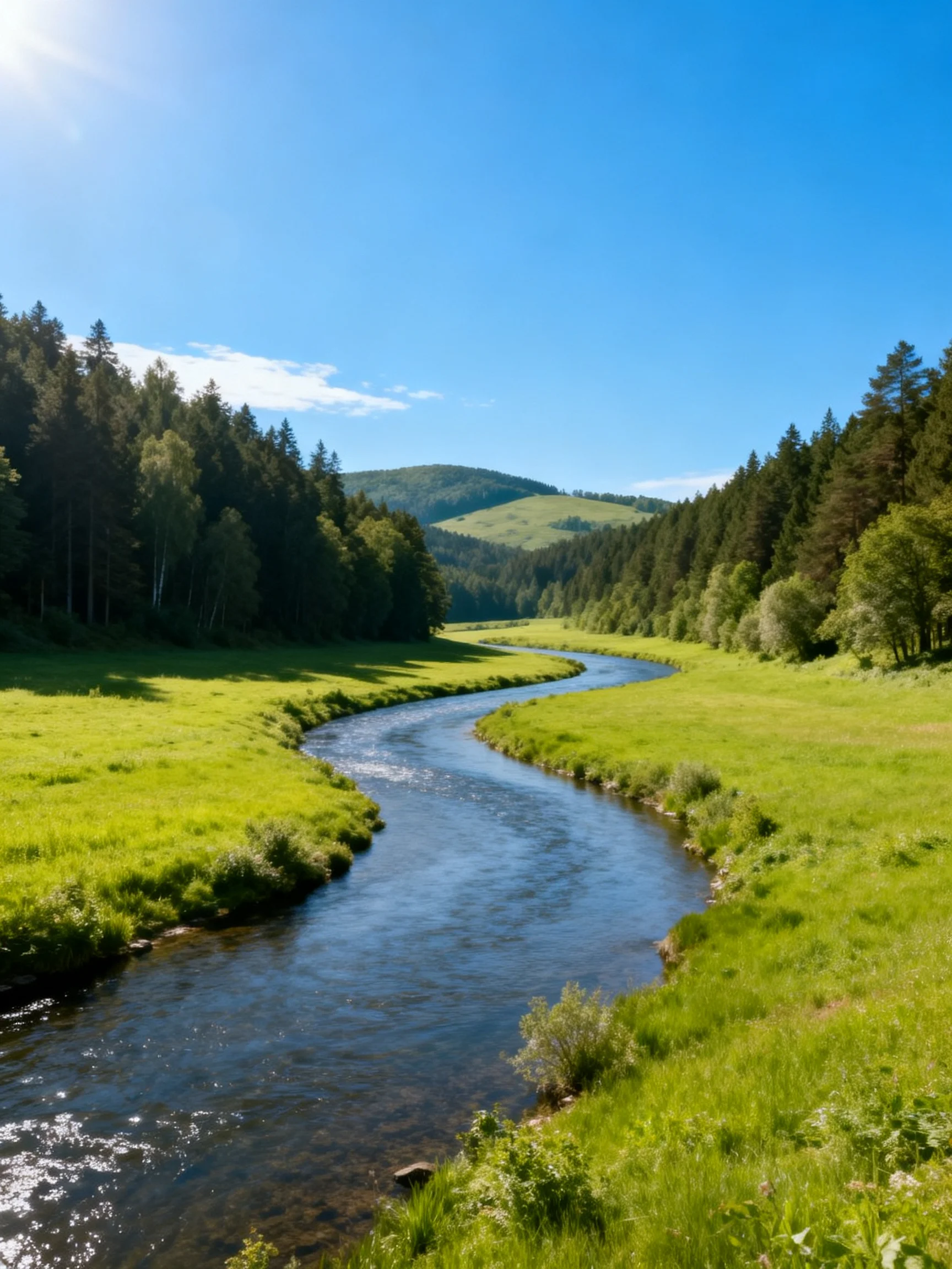 A winding river flows through lush green meadows between forested hills under bright blue skies
