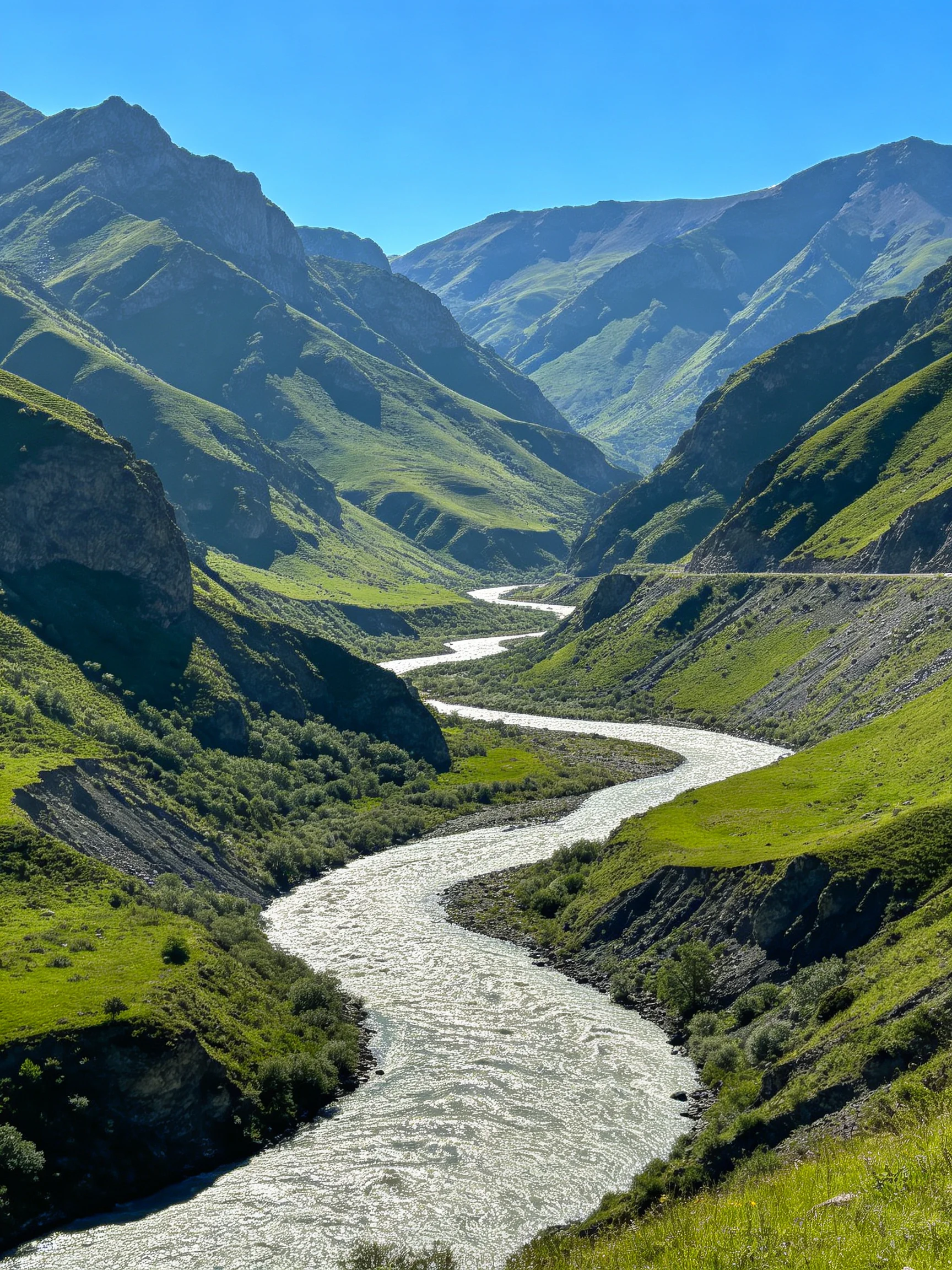 A winding river flows through lush green mountain valleys