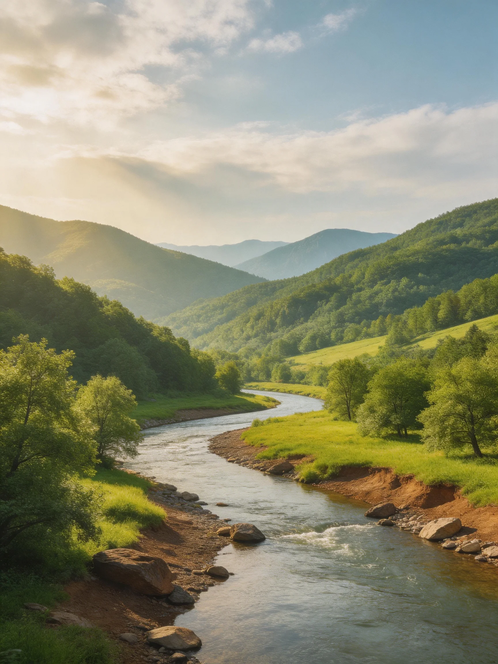 A winding river flows through lush green valleys and forested mountains