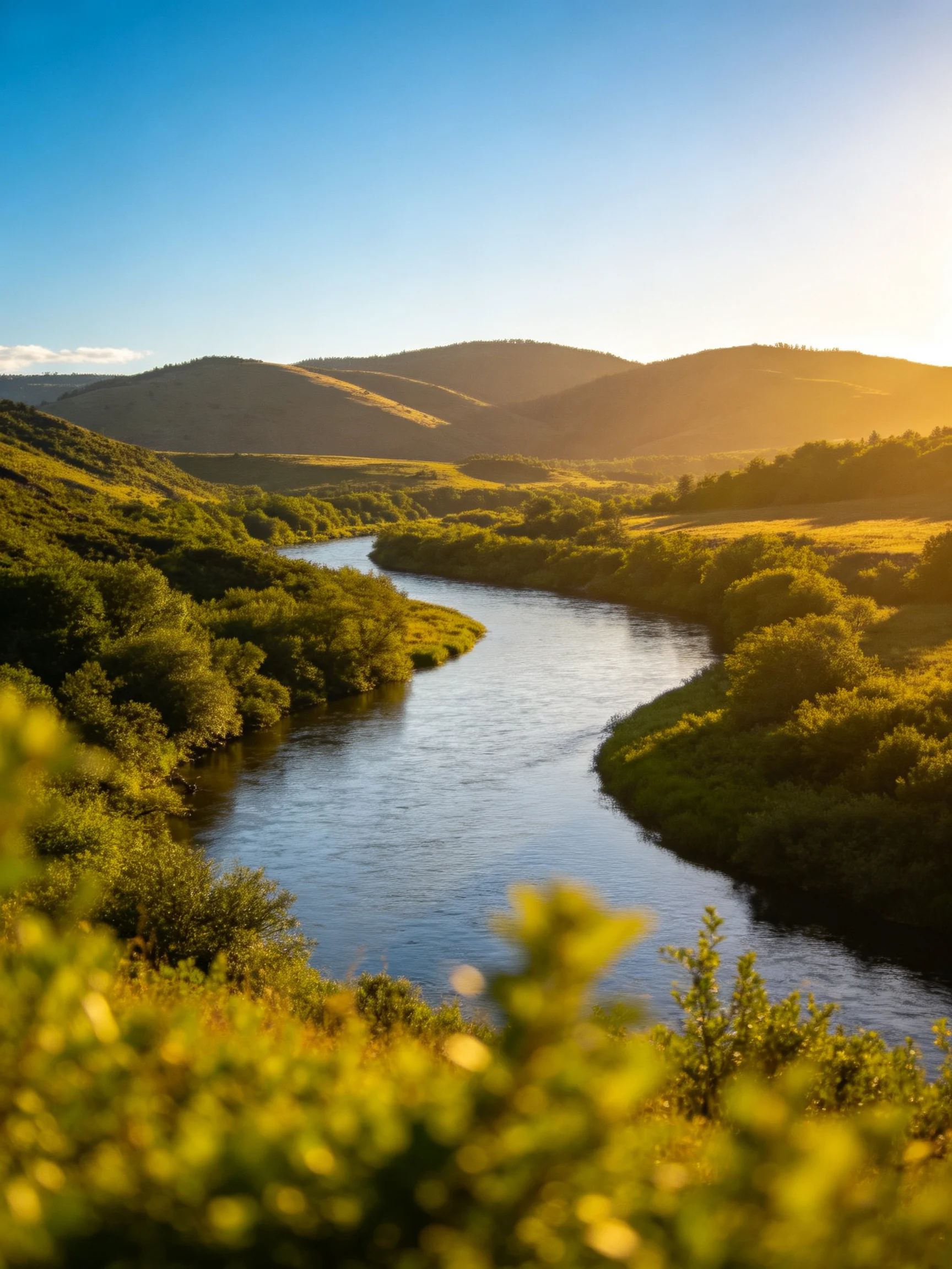A winding river flows through lush green valleys under golden sunlight