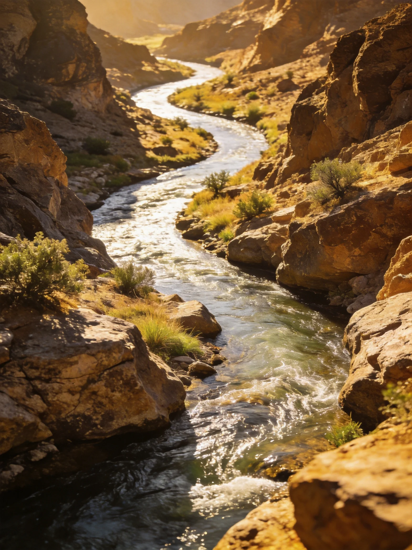 A winding river flows through rugged, golden-hued rocky canyons.