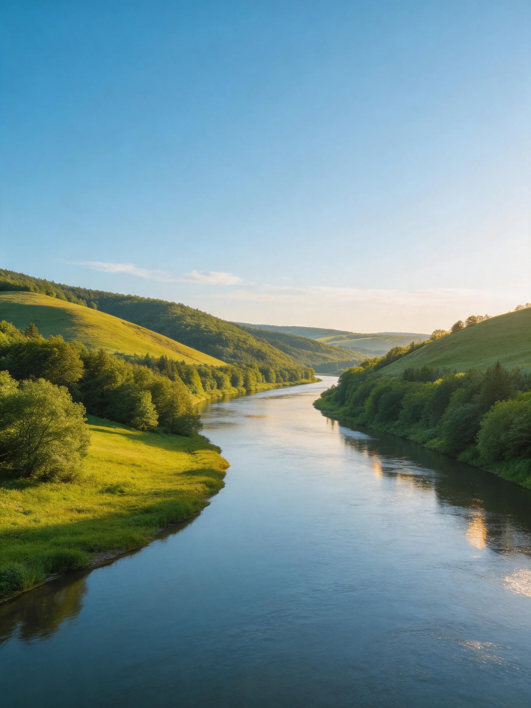A winding river flows through verdant hills under a clear blue sky