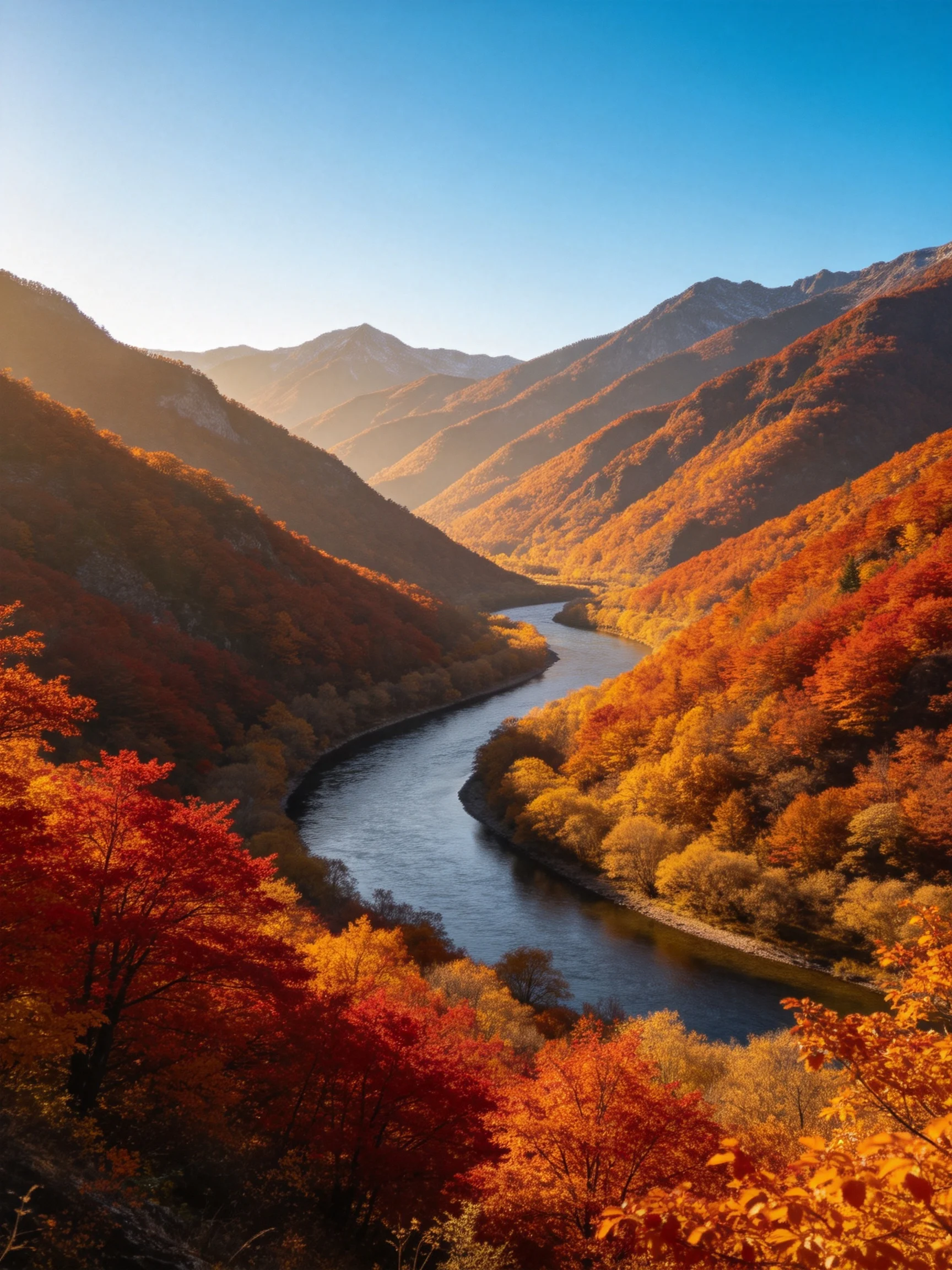 A winding river flows through vibrant autumn mountain valleys