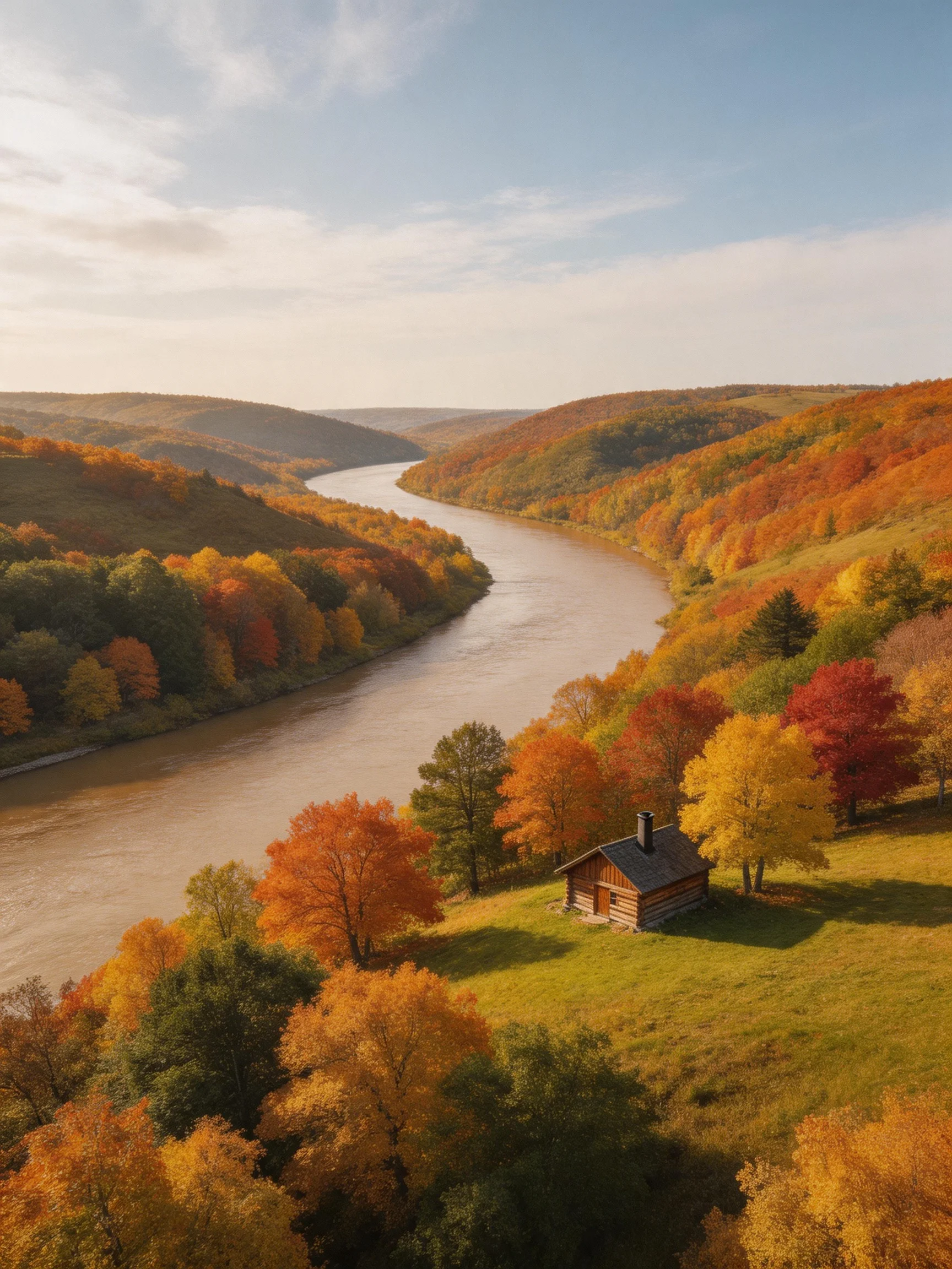 A winding river flows through vibrant fall foliage near a wooden cabin