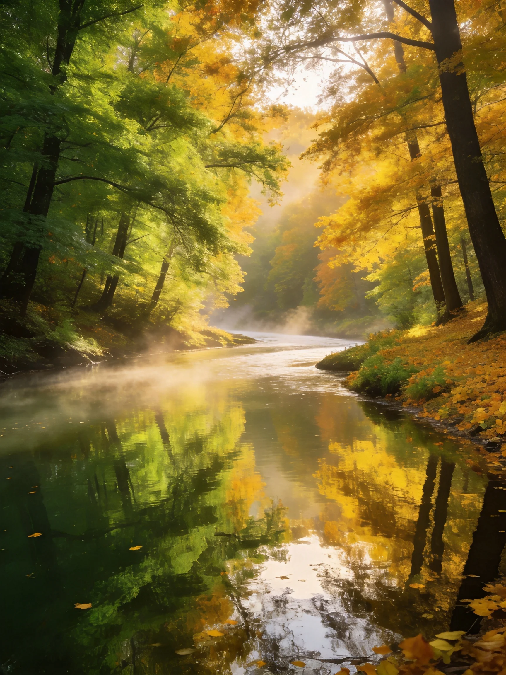 A winding river reflects golden and green autumn foliage amid morning mist