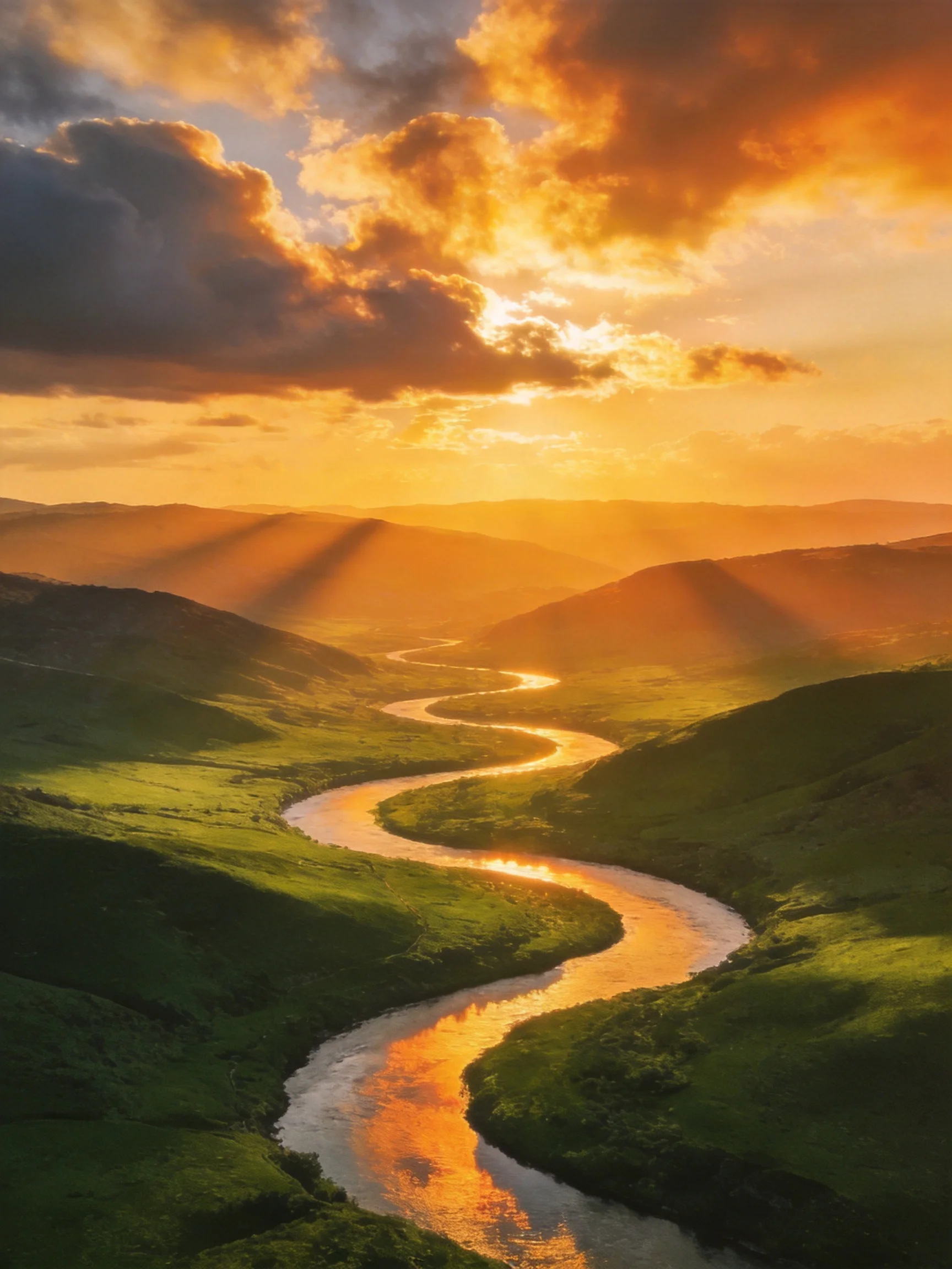 A winding river winds through lush green hills beneath golden sunset skies