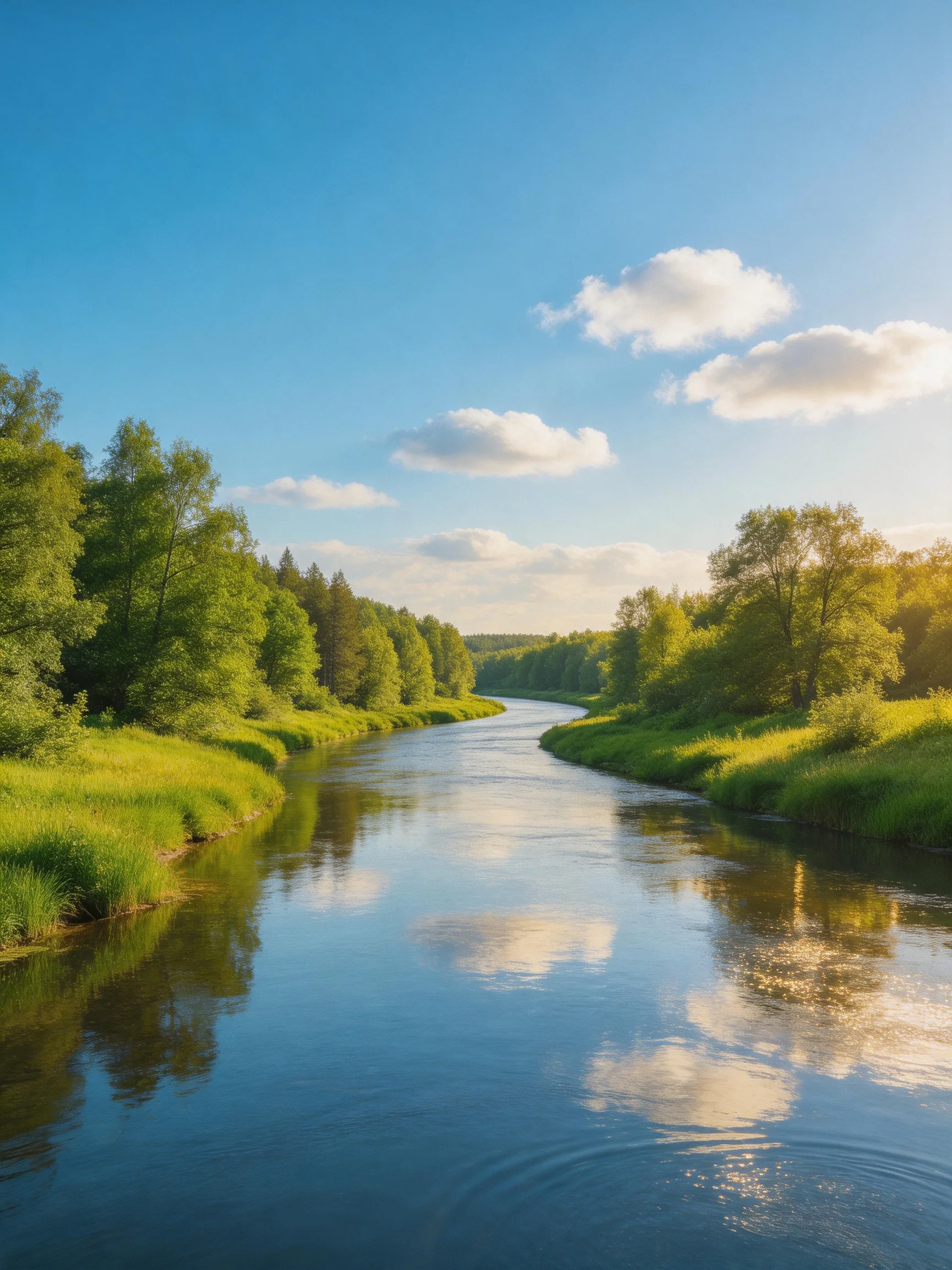 A winding river winds through vibrant green landscapes under sunny blue skies