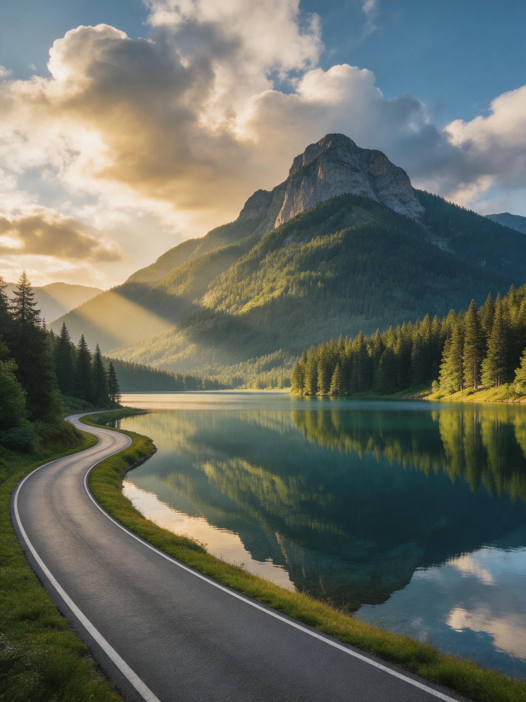 A winding road beside a serene lake near forested mountains
