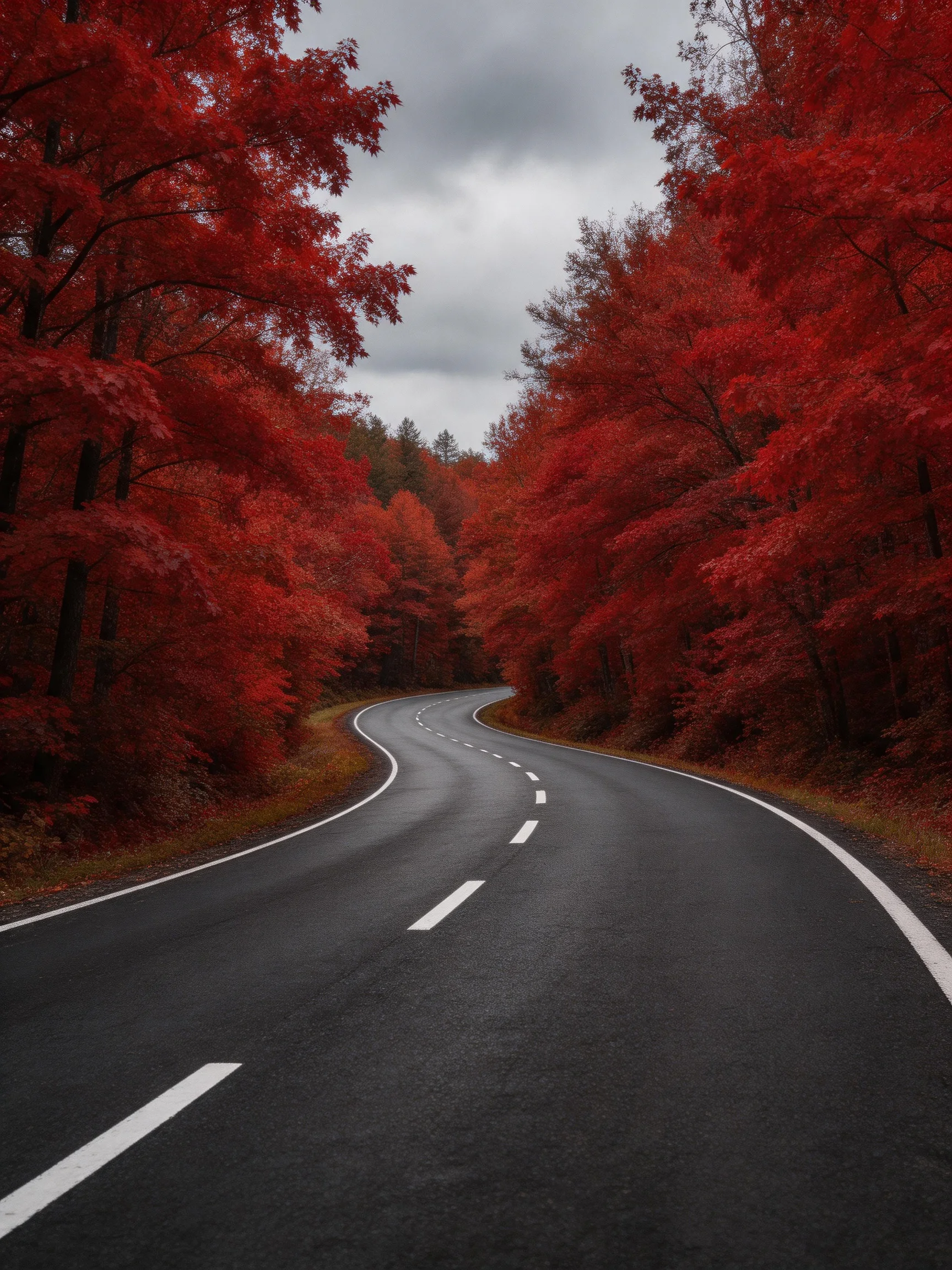 A winding road bordered by dense crimson foliage under a gray sky