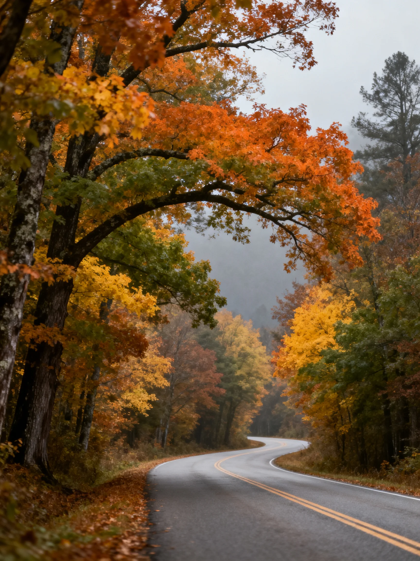 A winding road bordered by vibrant fall trees under misty conditions