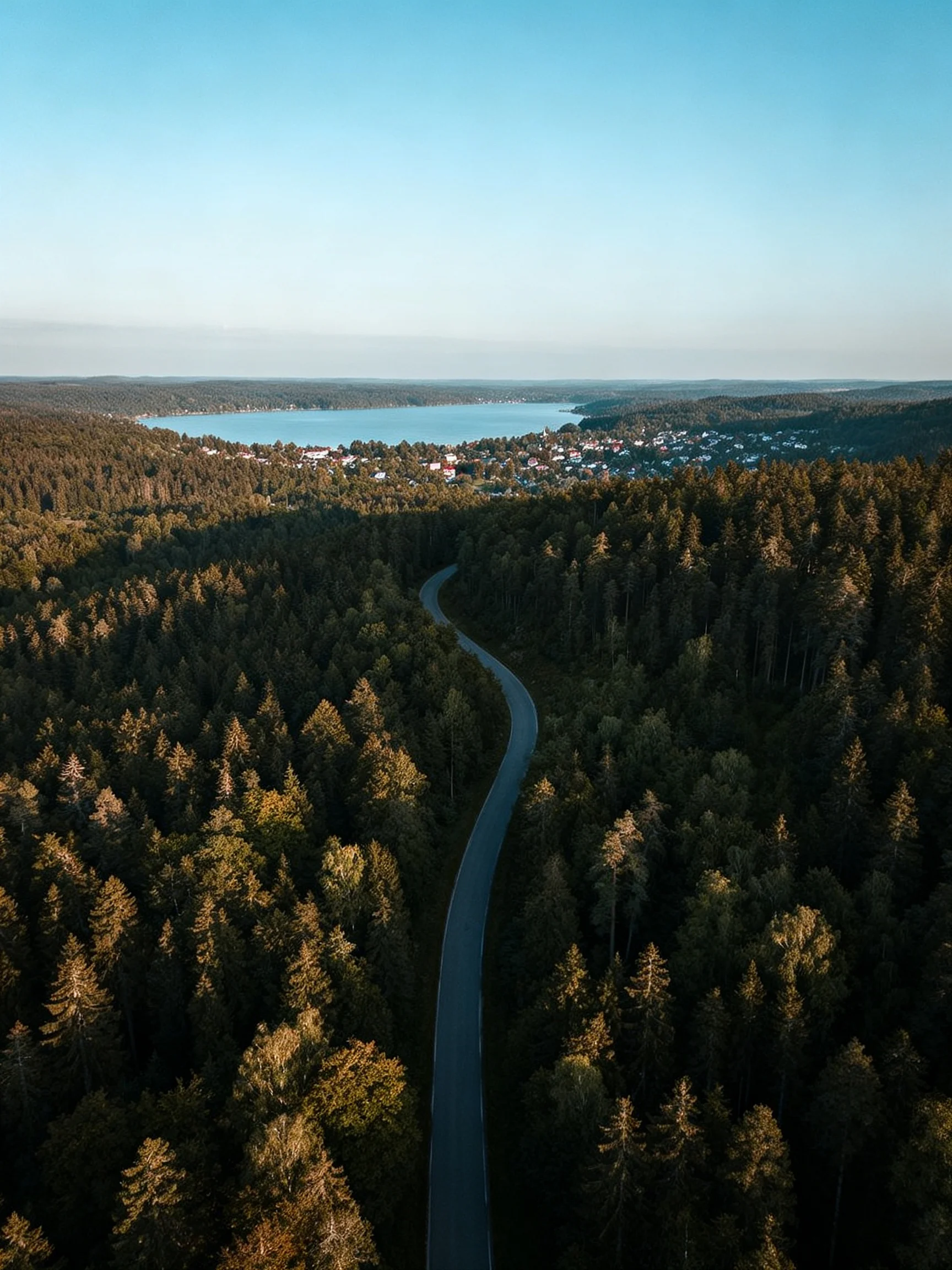 A winding road cuts through dense forests toward a lakeside town