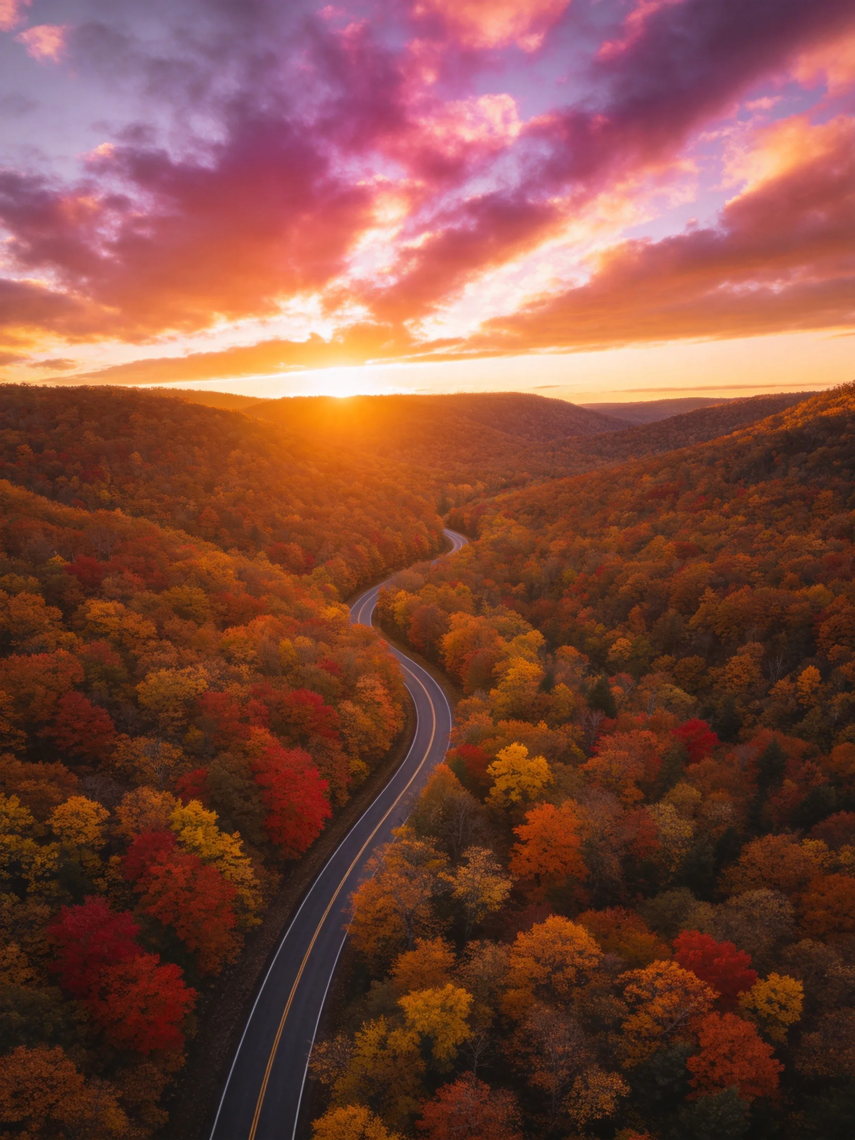 A winding road cuts through vibrant autumn forests at sunset