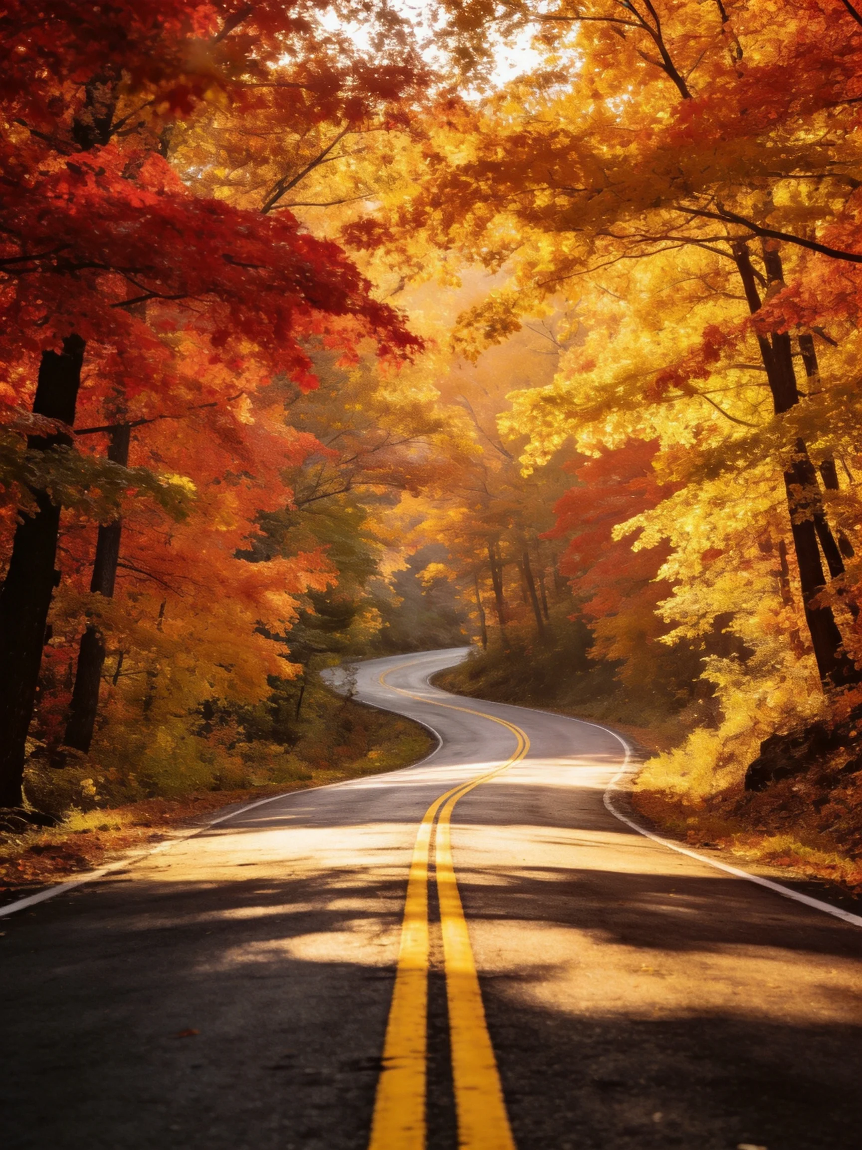 A winding road flanked by vibrant autumn trees in reds and golds