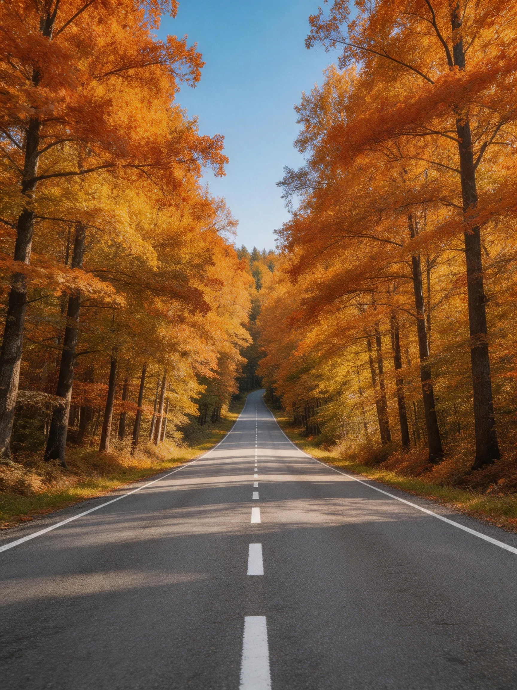 A winding road flanked by vibrant autumn trees under a clear blue sky