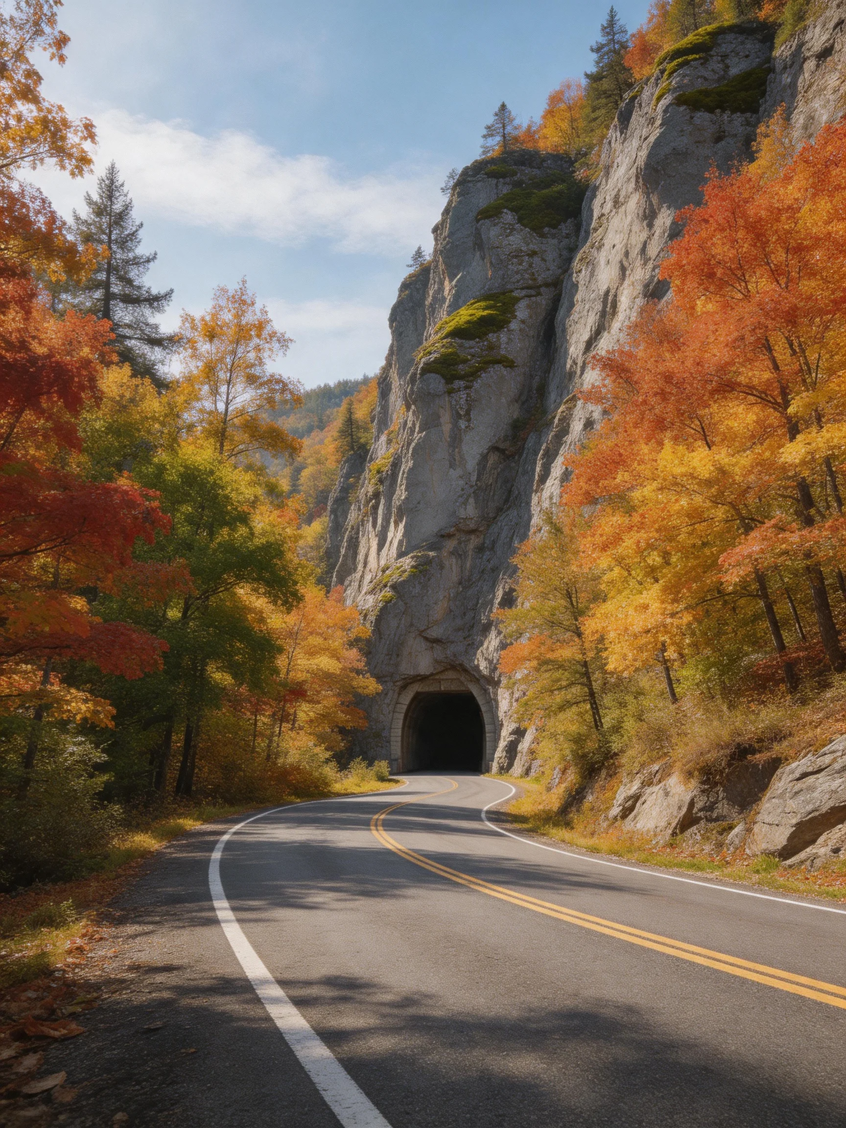 A winding road leads into a stone tunnel amid vibrant fall foliage