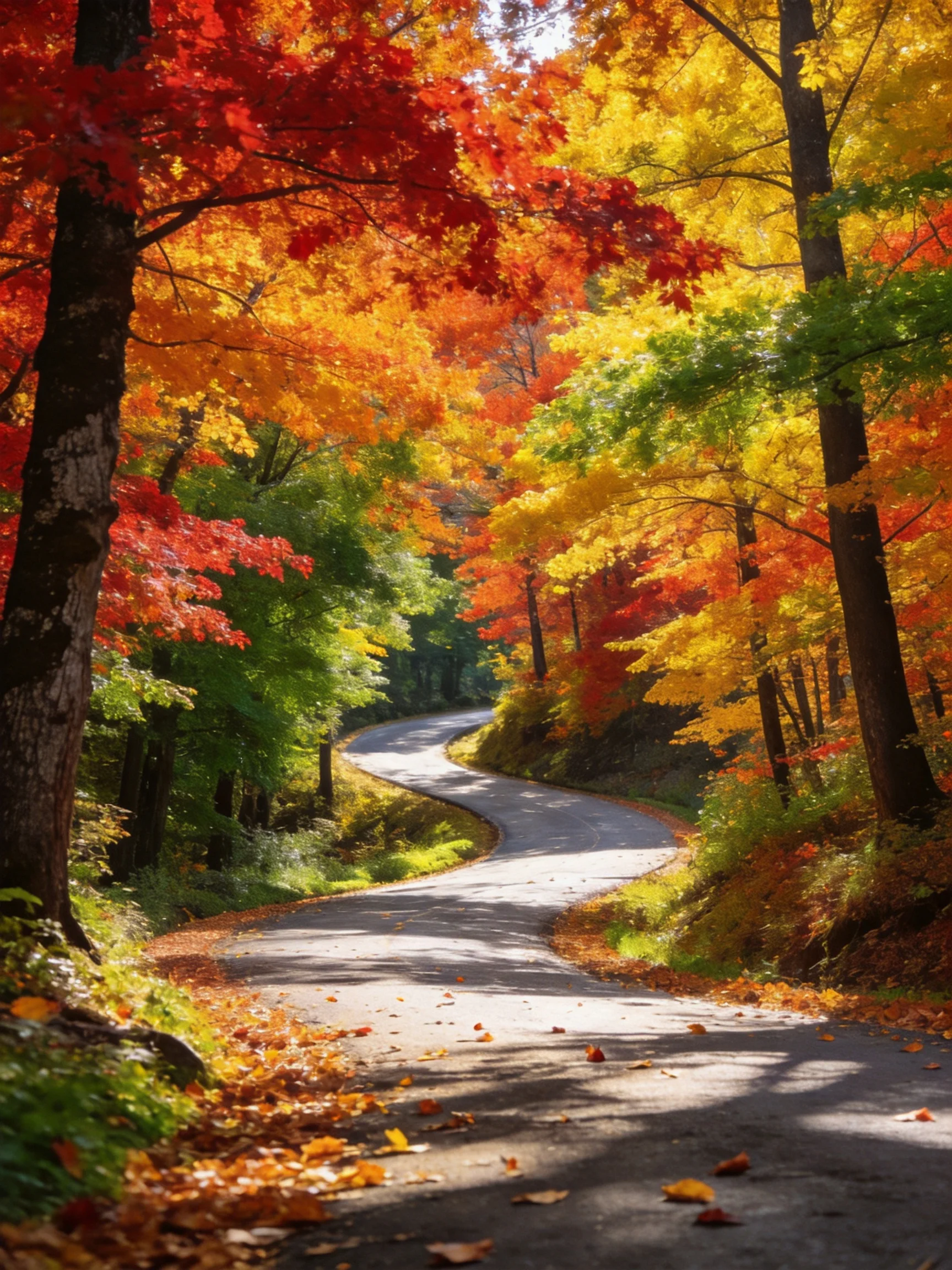 A winding road lined with colorful autumn trees in red, gold, and green