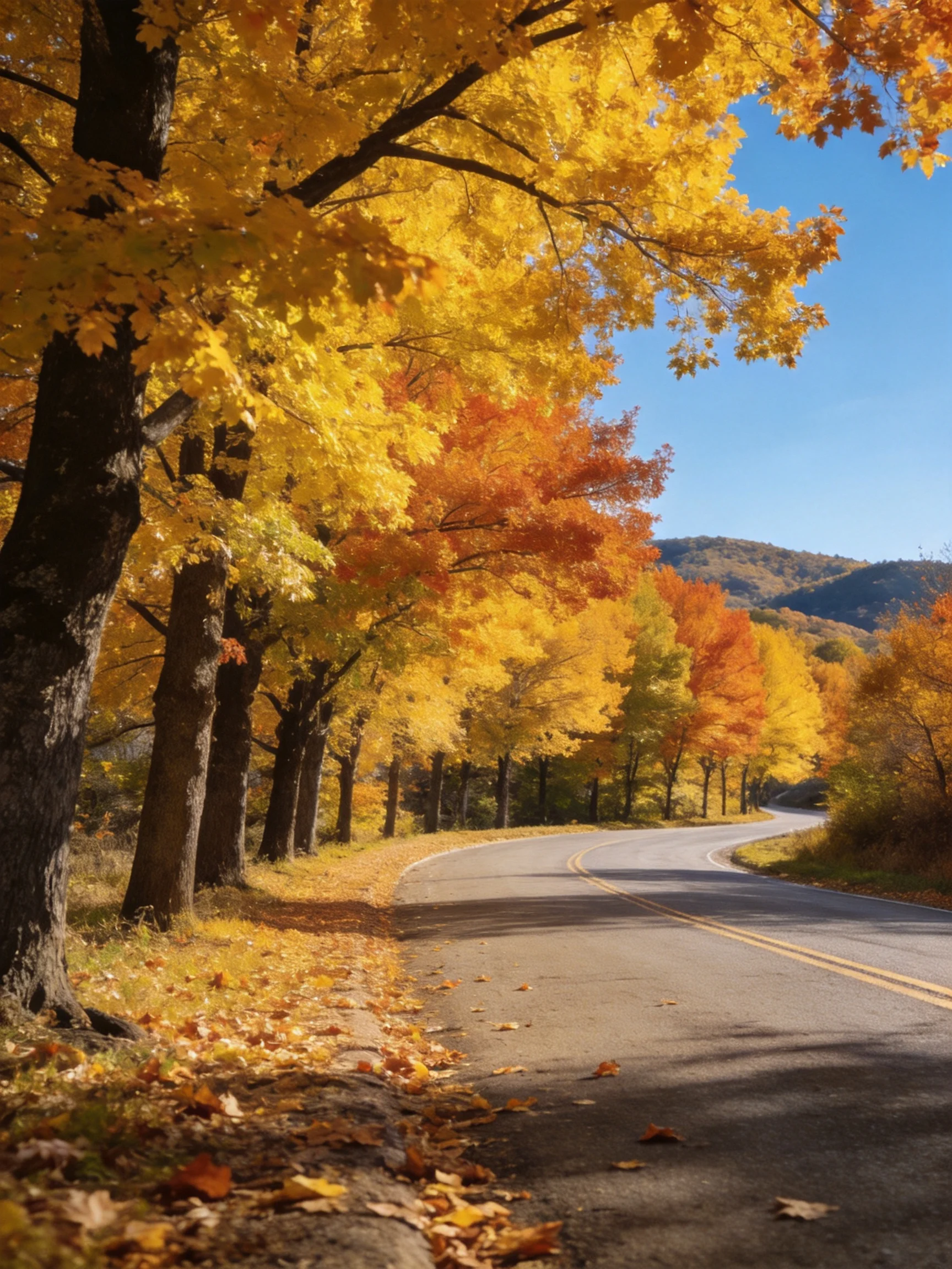 A winding road lined with golden-orange autumn trees under clear blue sky