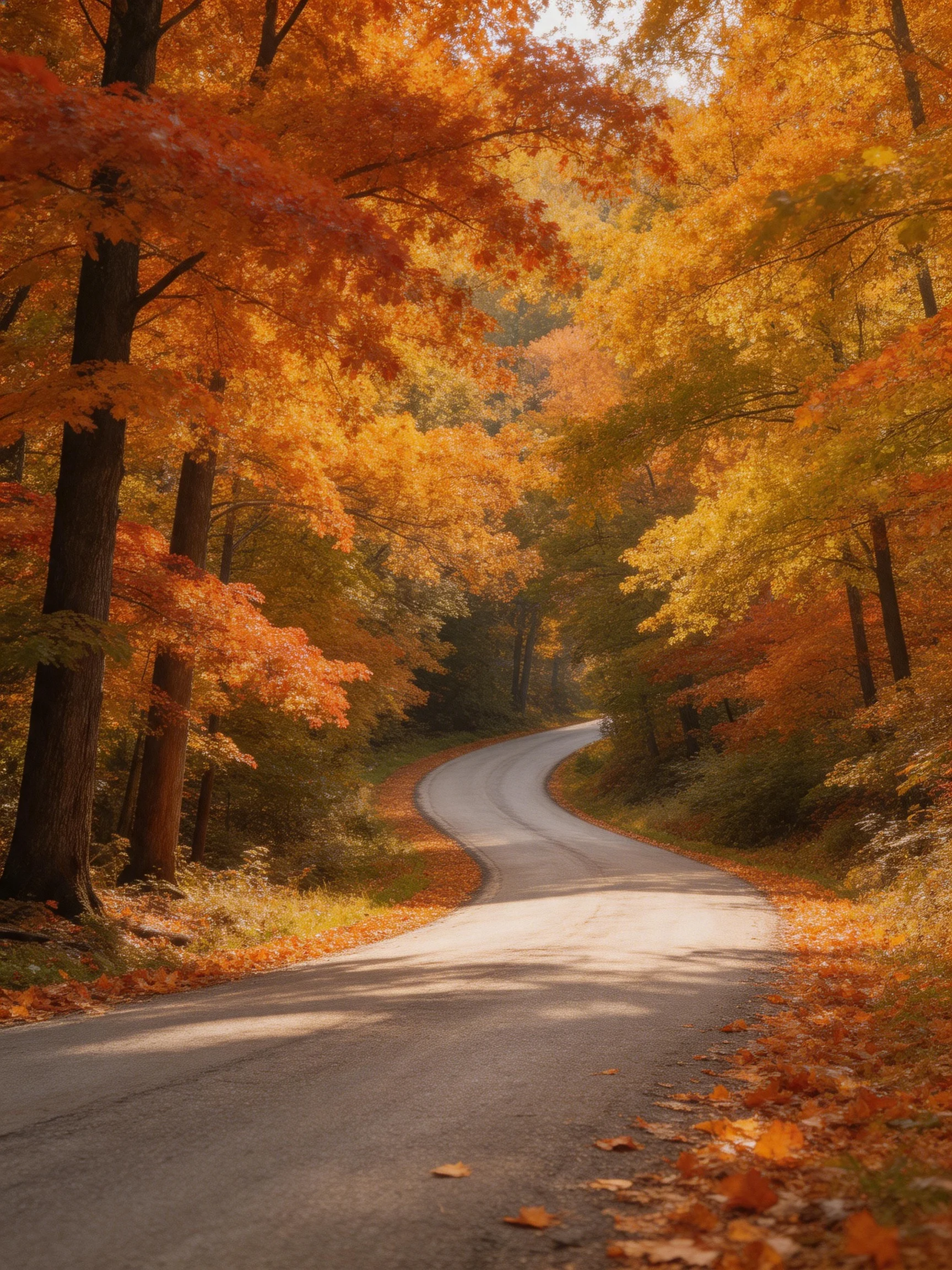 A winding road lined with vibrant autumn foliage