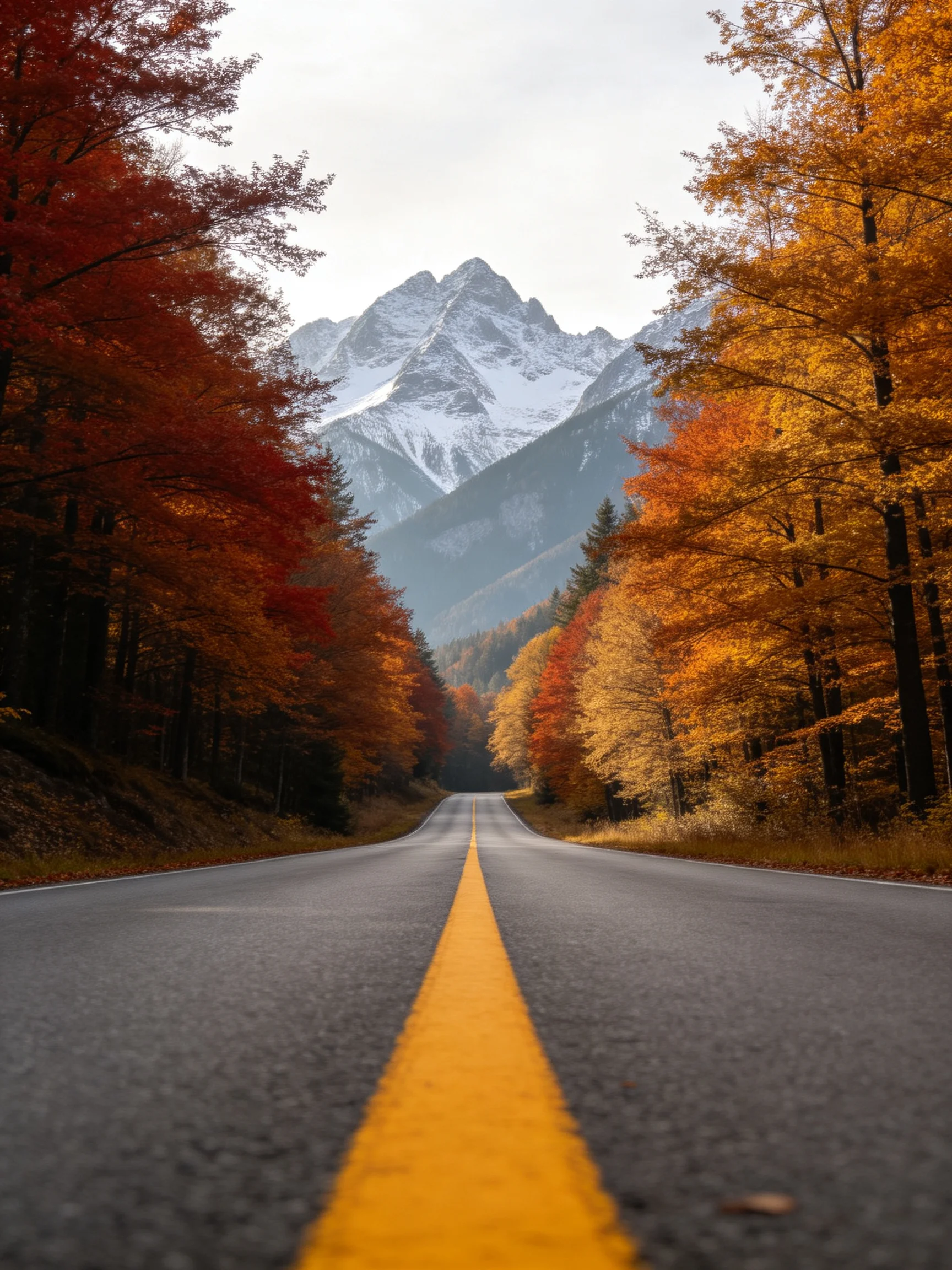 A winding road lined with vibrant fall foliage leads toward snow-capped peaks.