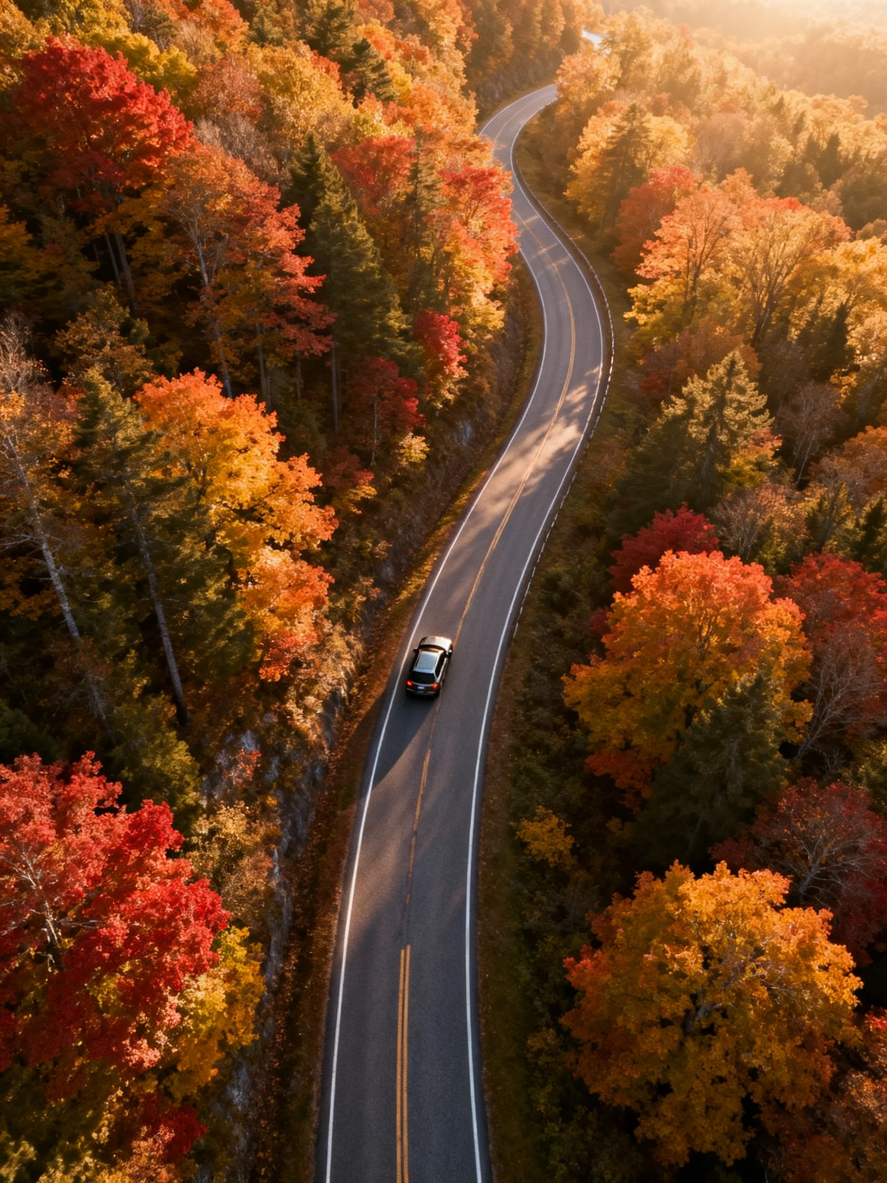 A winding road surrounded by vibrant autumn foliage with a single car traveling
