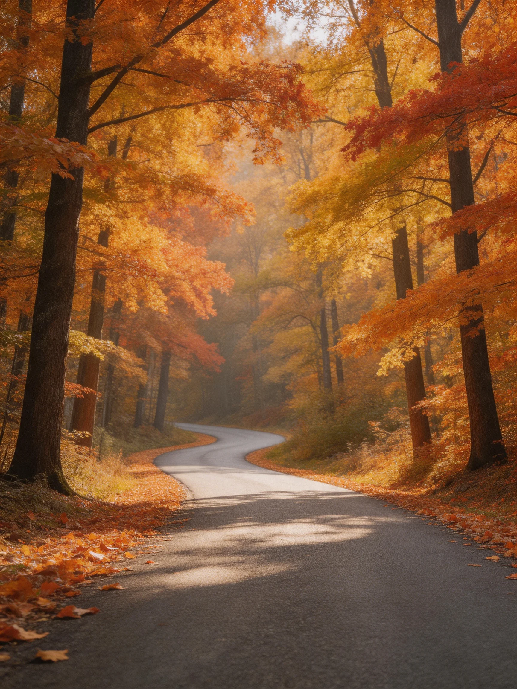 A winding road through a forest of tall trees with golden-orange autumn leaves