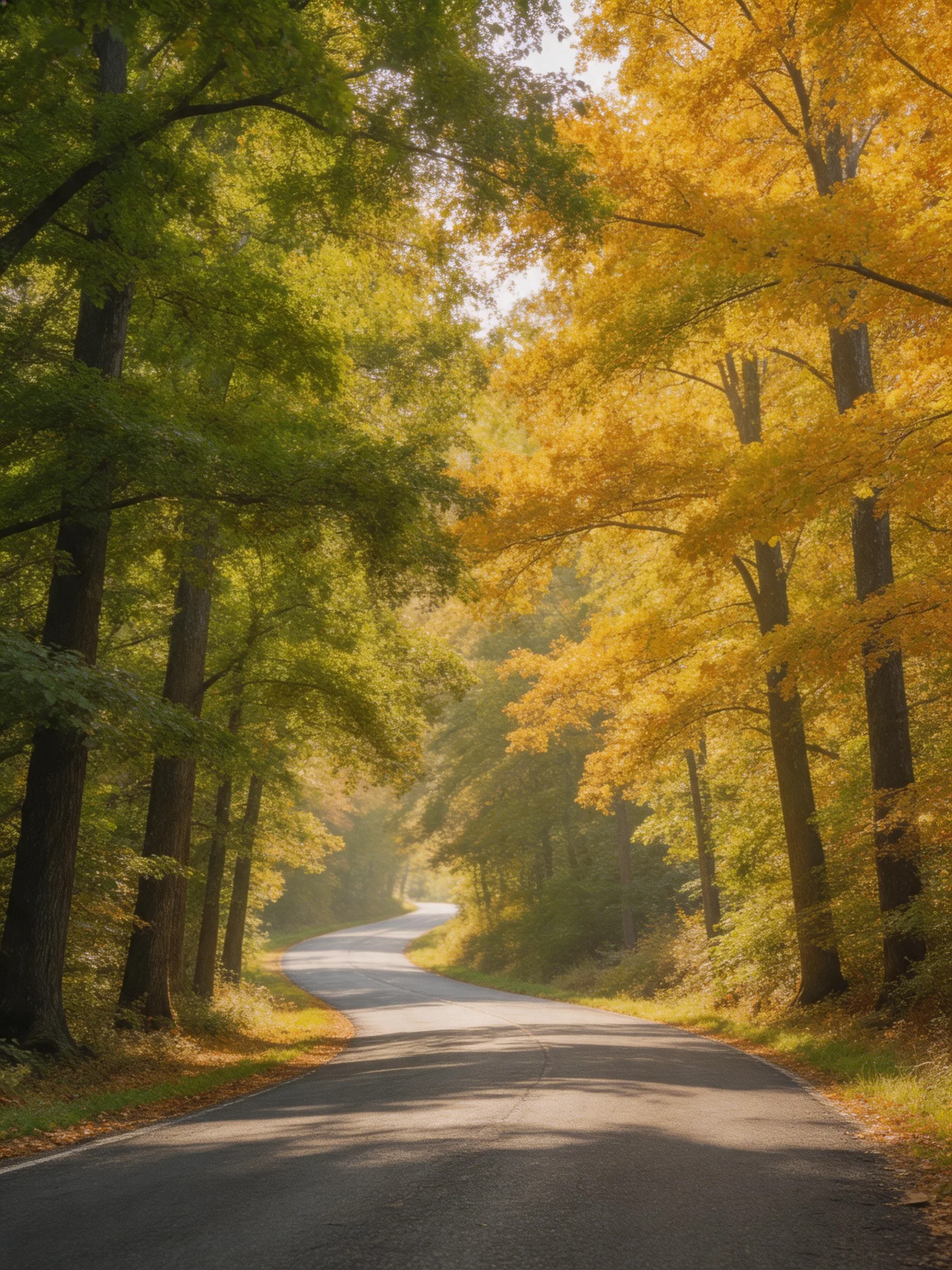 A winding road through a forest with green and golden autumn trees