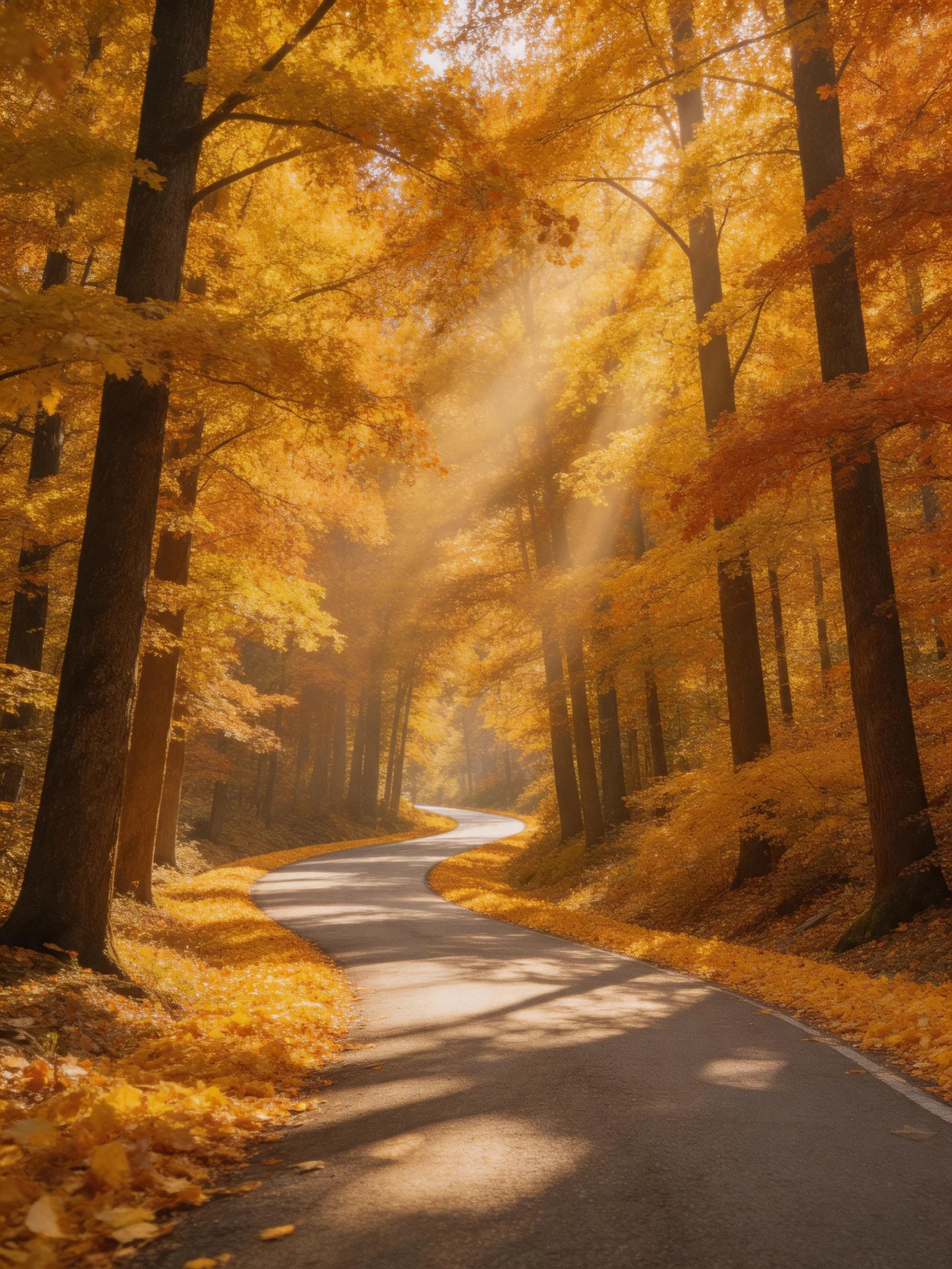 A winding road through an autumn forest with golden foliage