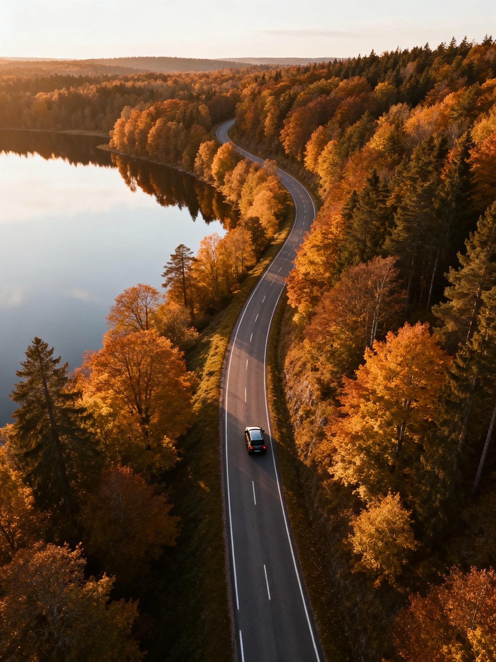 A winding road through autumn forests beside a calm lake