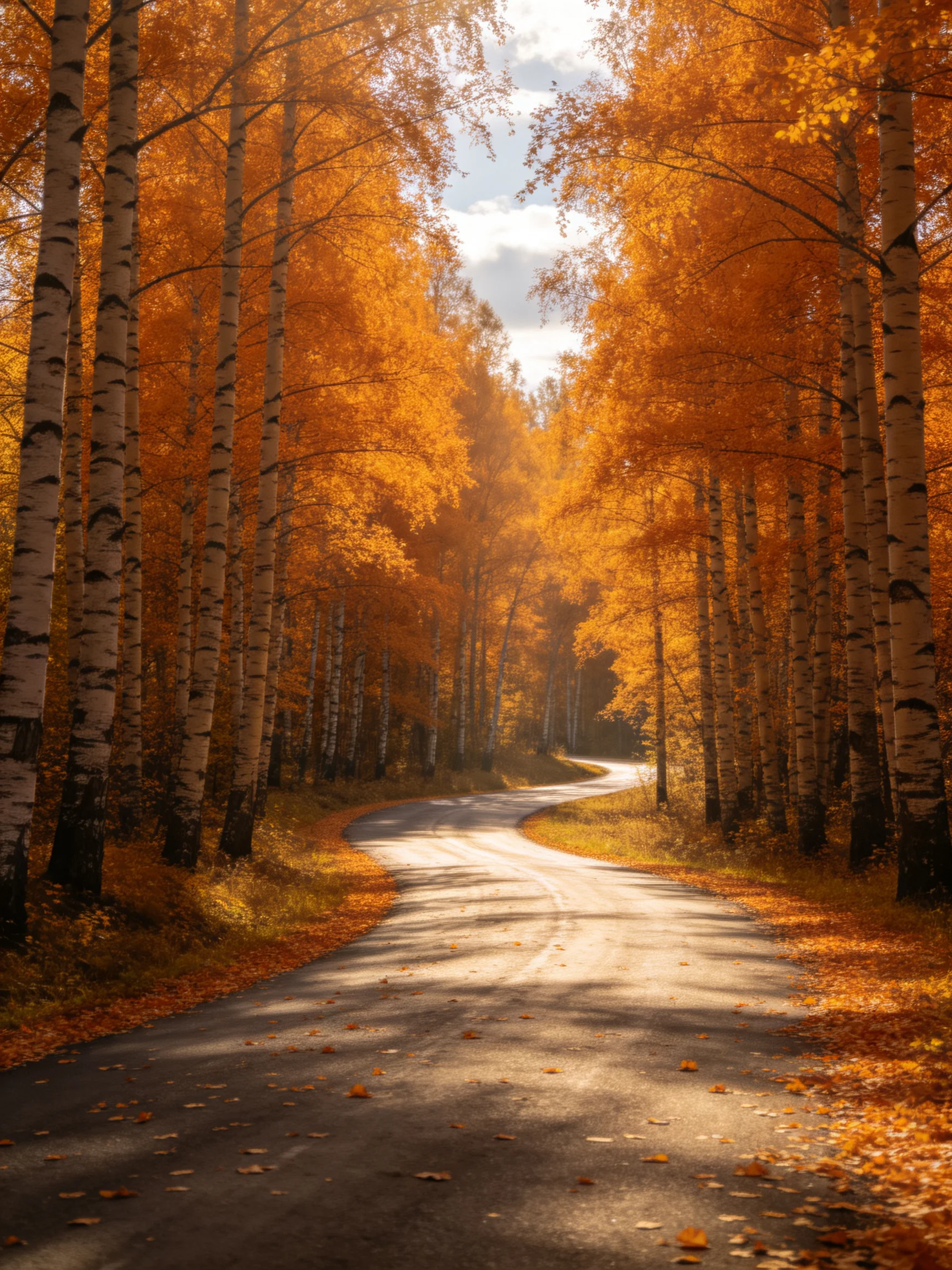 A winding road through golden birch forests in autumn