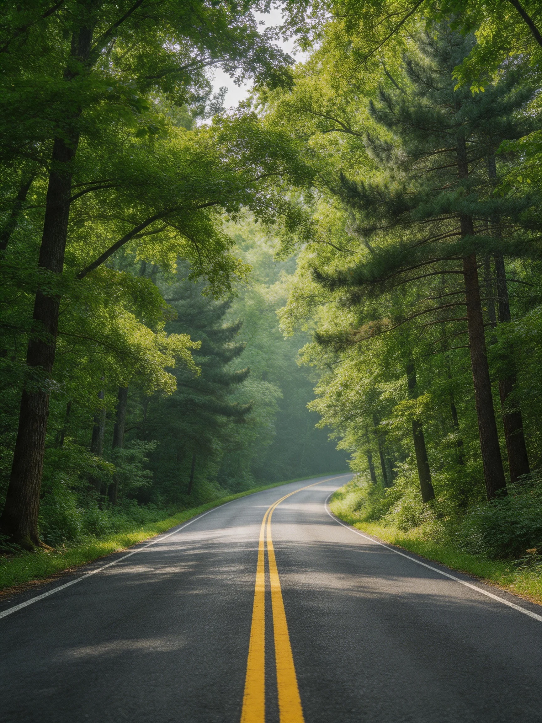 A winding road through lush green forest with yellow markings