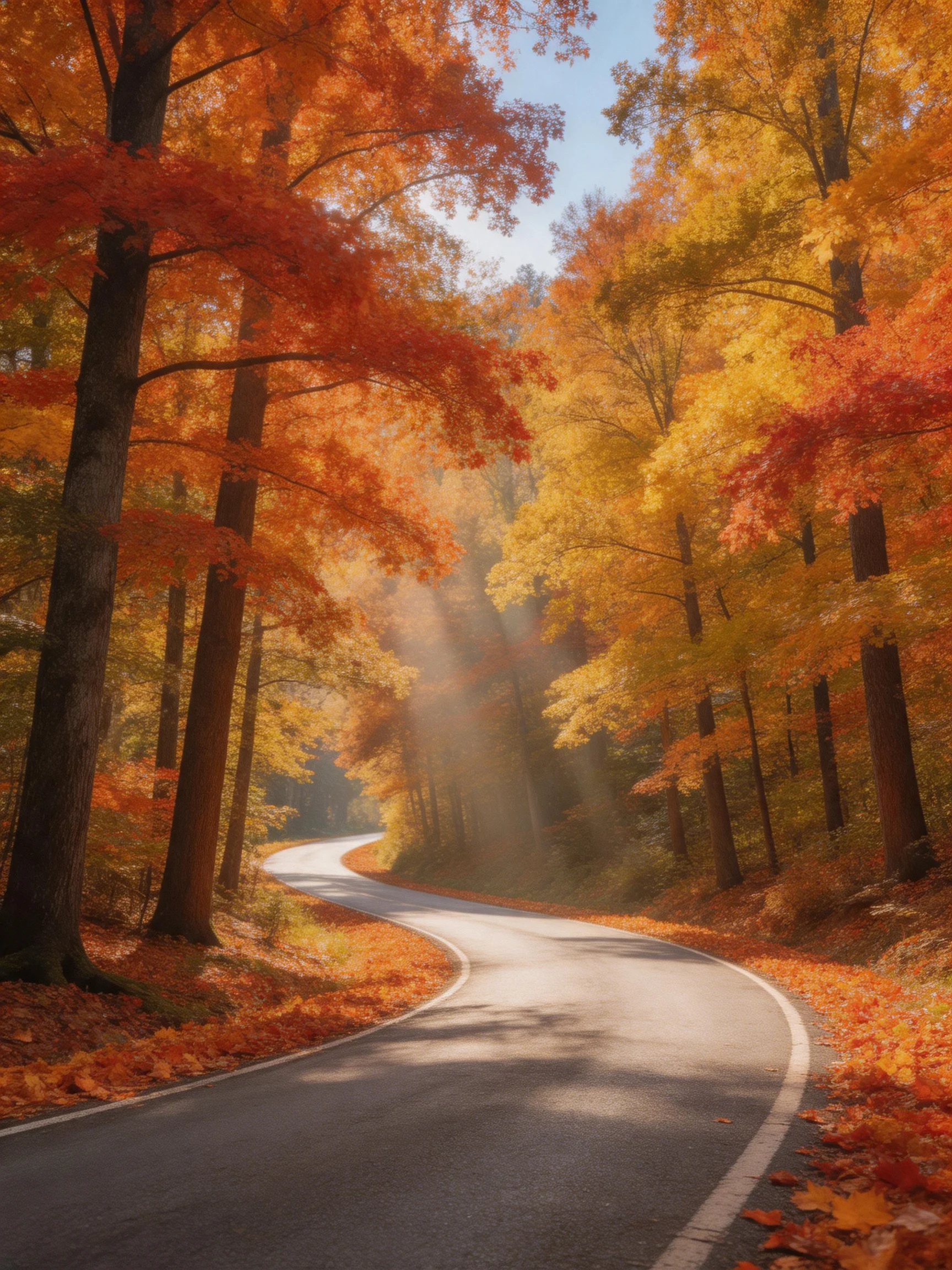 A winding road through vibrant autumn forest with golden and orange trees