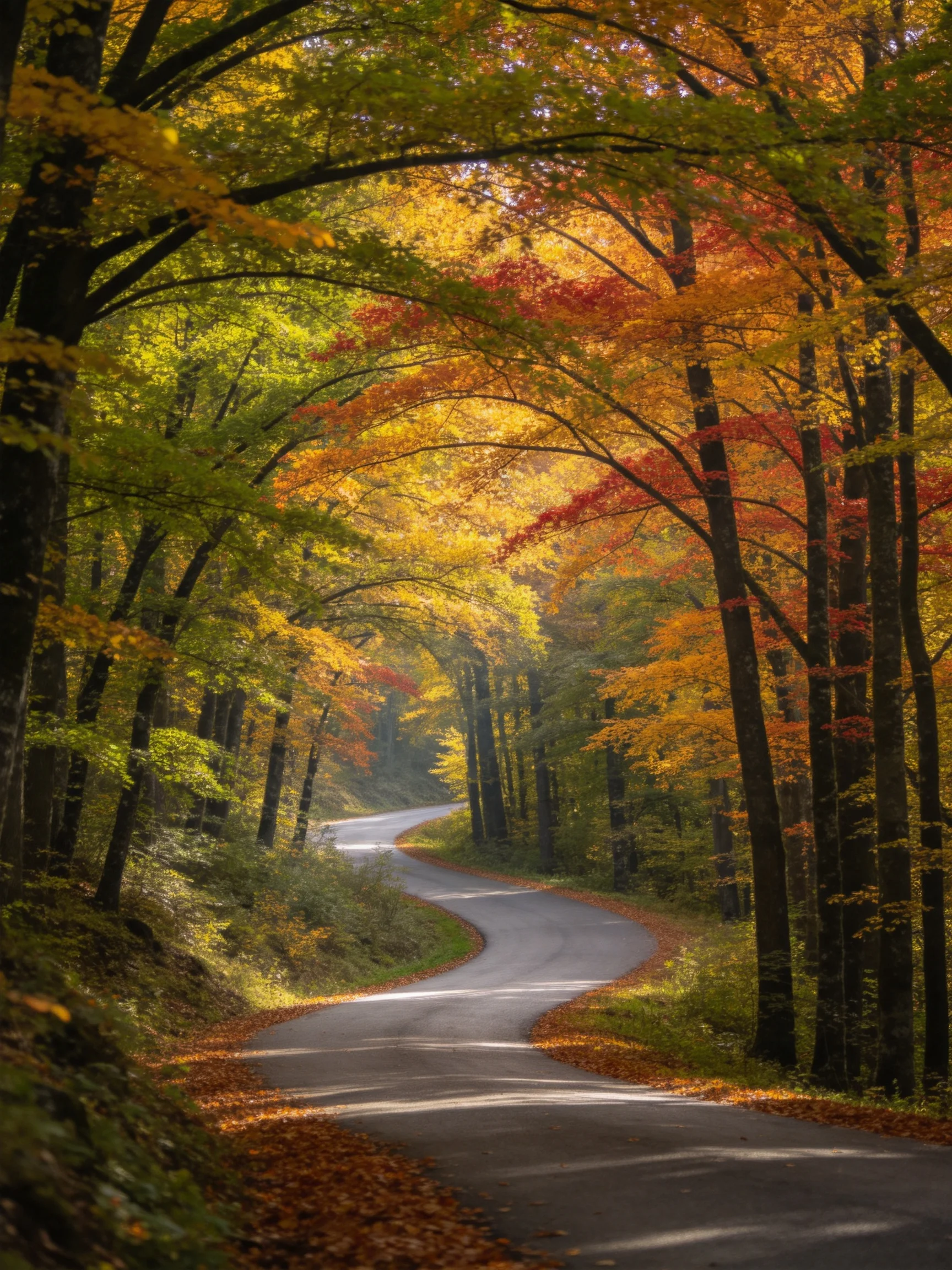 A winding road through vibrant autumn forest with multicolored trees