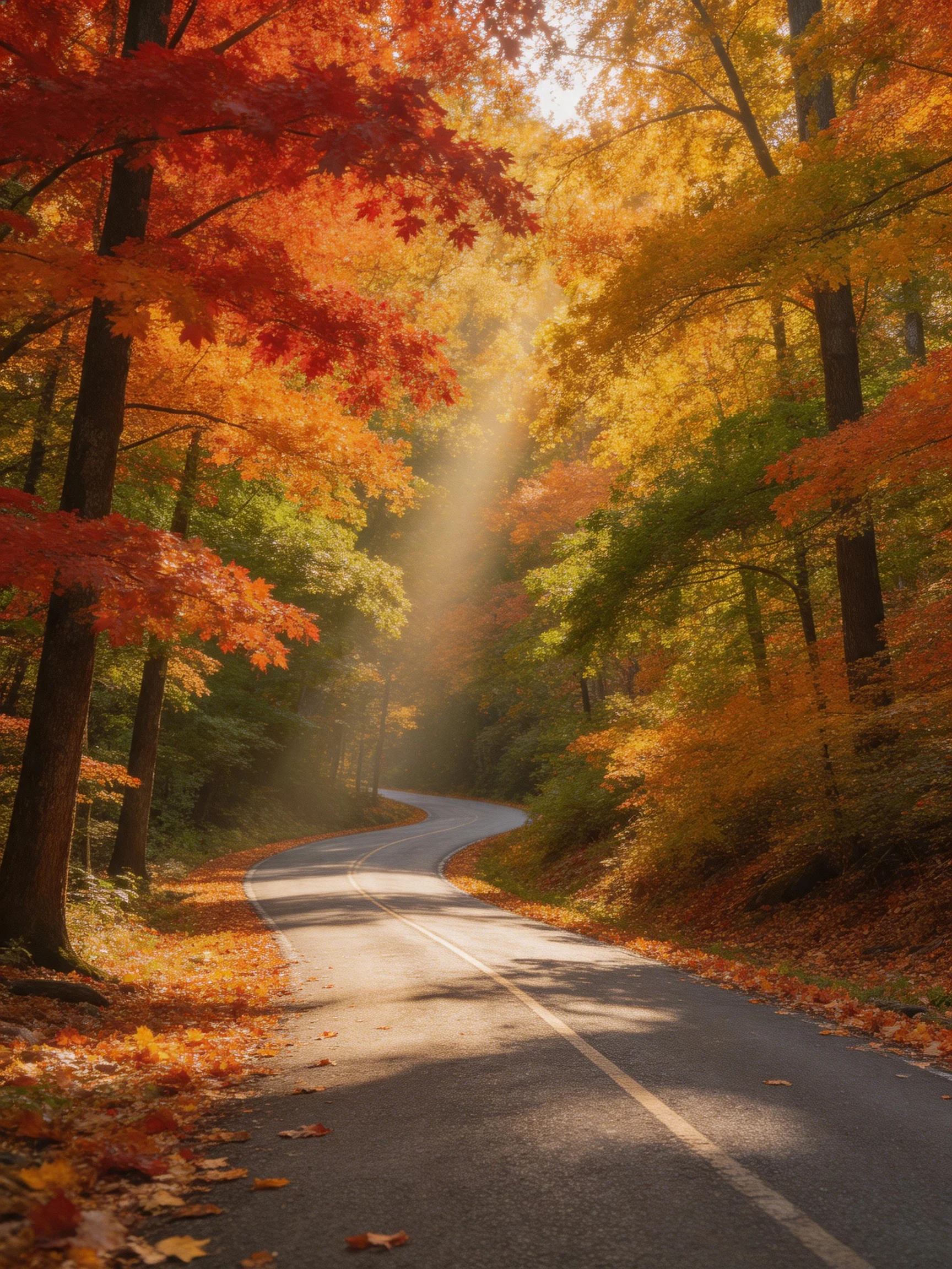 A winding road through vibrant autumn forest with red, orange, and yellow foliage