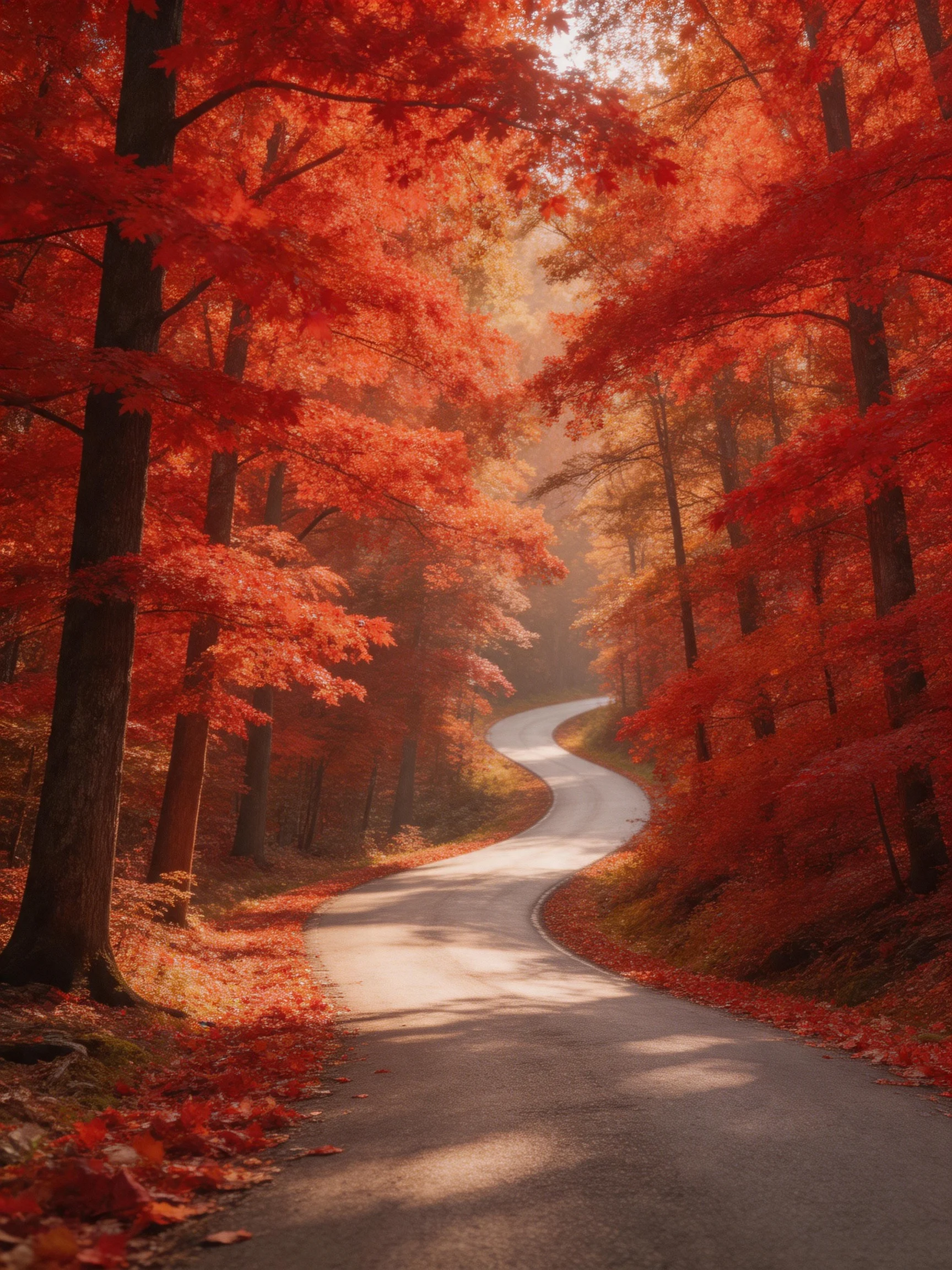 A winding road through vibrant red autumn forest