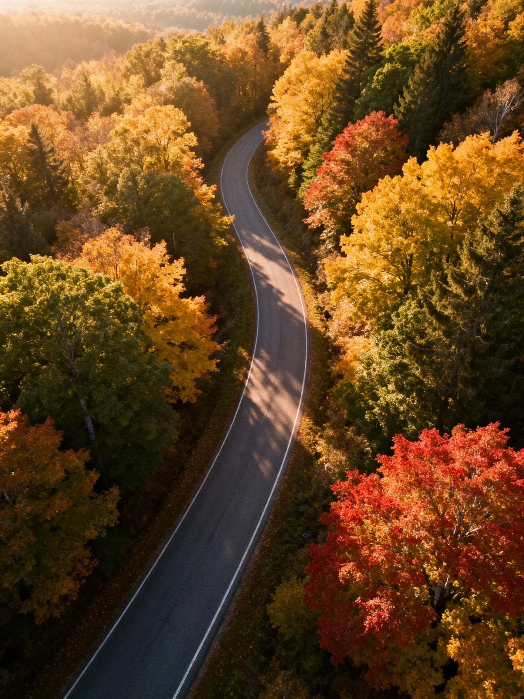 A winding road winds through a forest of colorful autumn trees